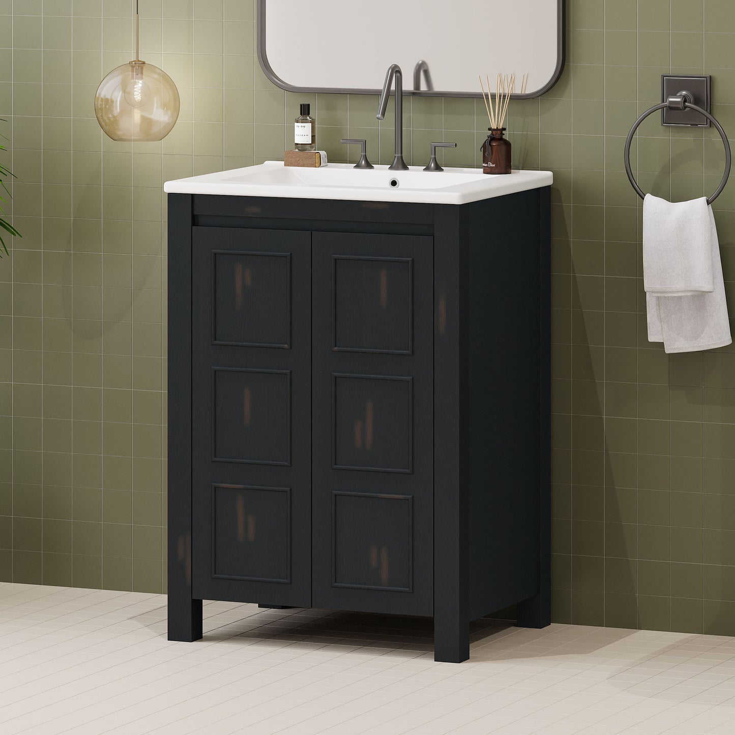 Vintage Style Small Bathroom Vanity Combo With Ceramic Sink, 2 Soft-Close Doors - Espresso