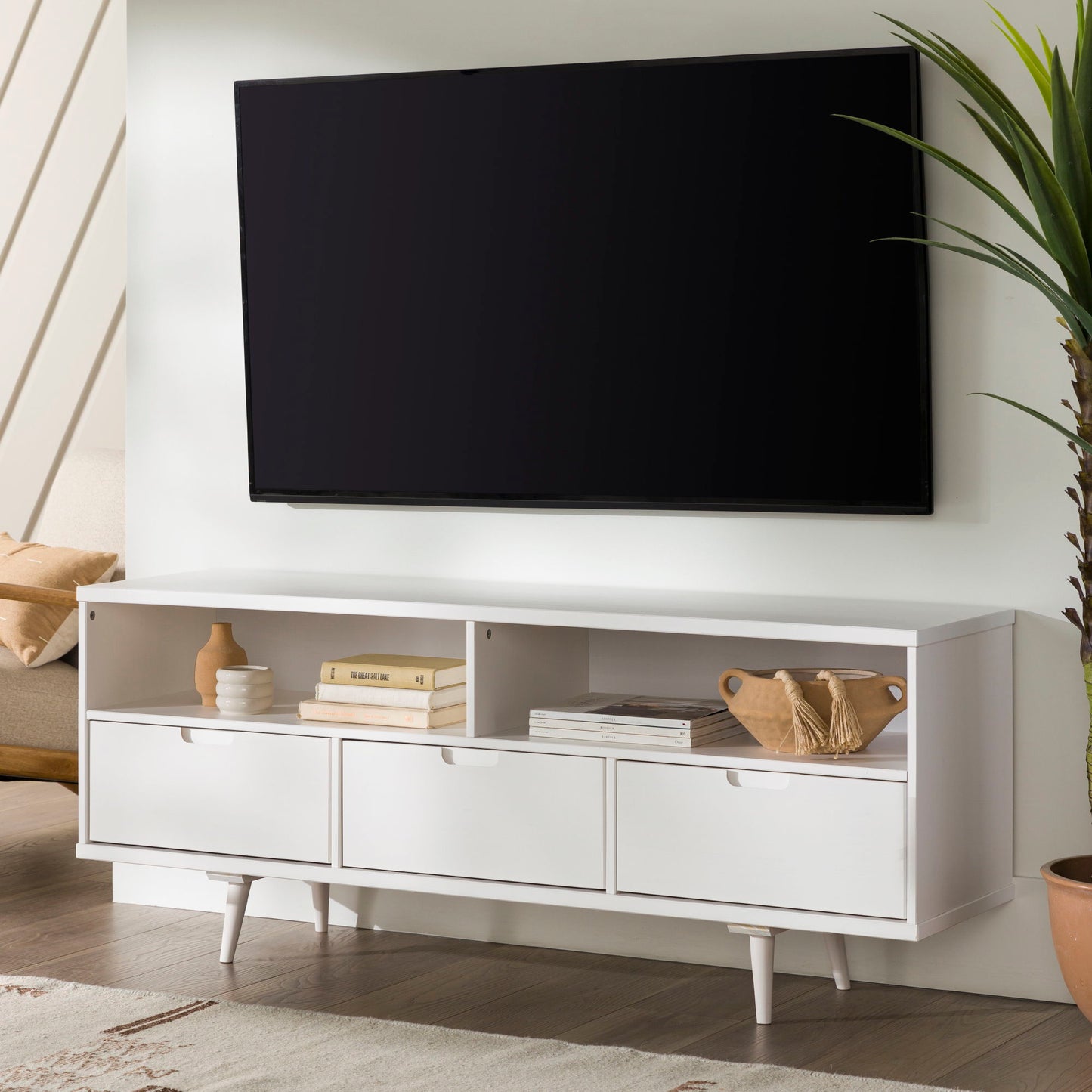 Mid-Century Modern Minimalist 3 Drawer Corner TV Stand For TVs Up To 58