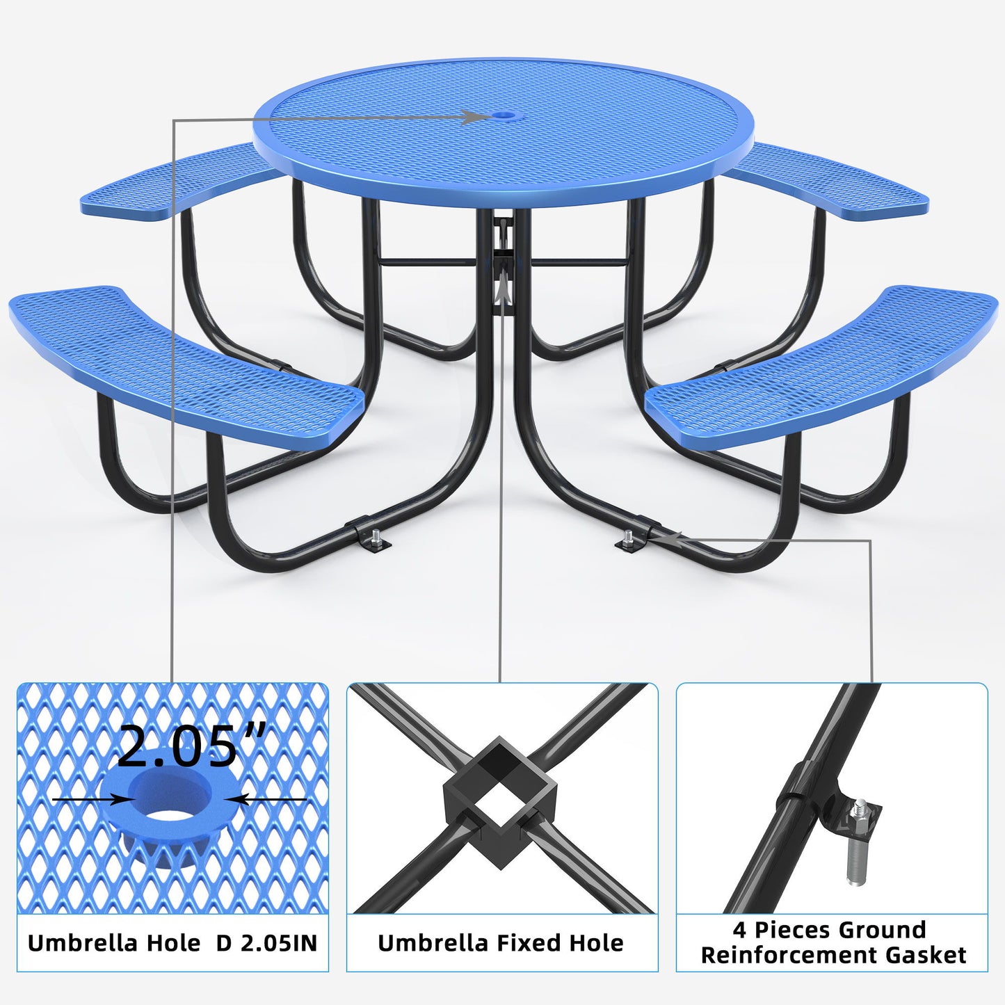 Round Outdoor Steel Picnic Table 46" With Umbrella Pole - Blue