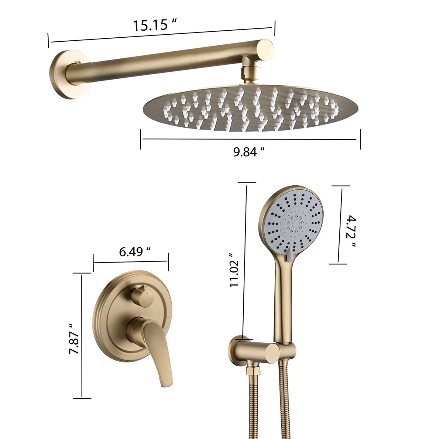 Wall Mounted Shower System With High Pressure Rain Shower Head & 5 Function Handheld - Brushed Gold