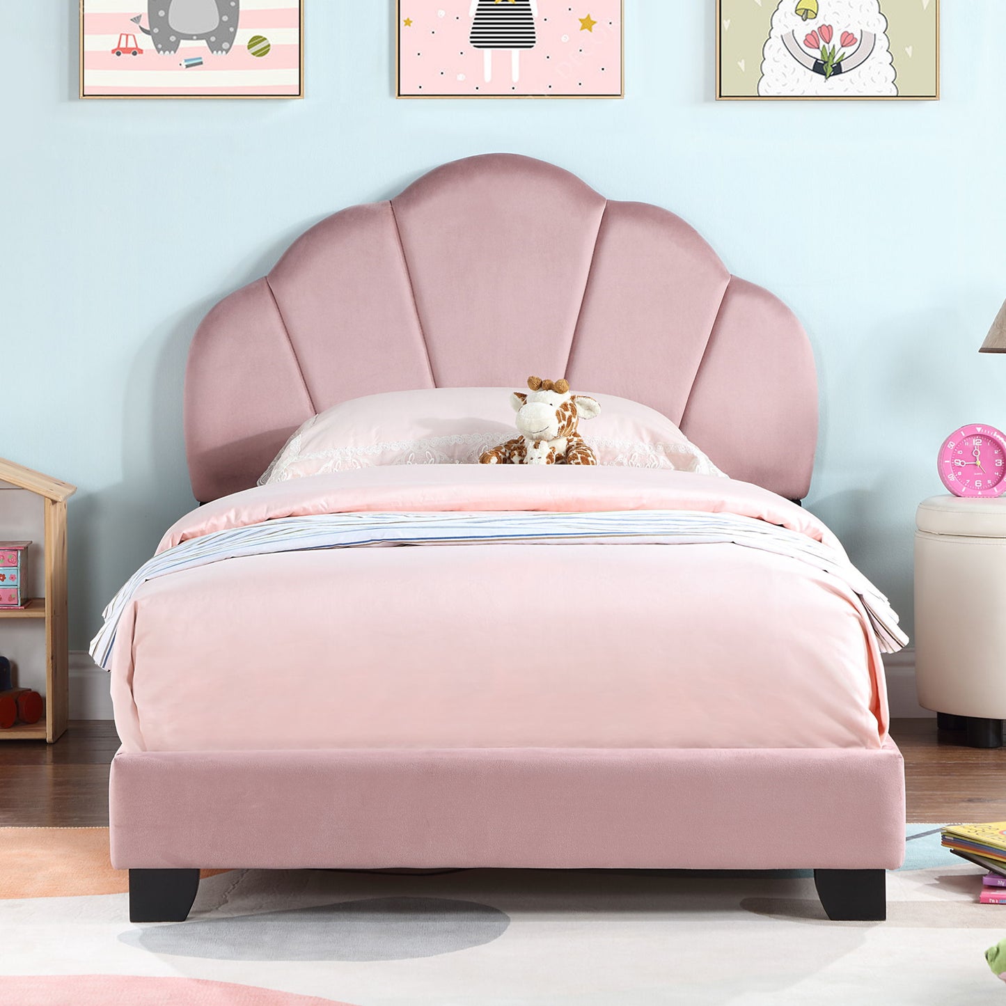 Upholstered Twin Size Platform Bed For Kids Wooden Bed Frame With Slatted Bed Base No Box Spring Needed Cute Bed Frame With Shell Design Headboard - Pink