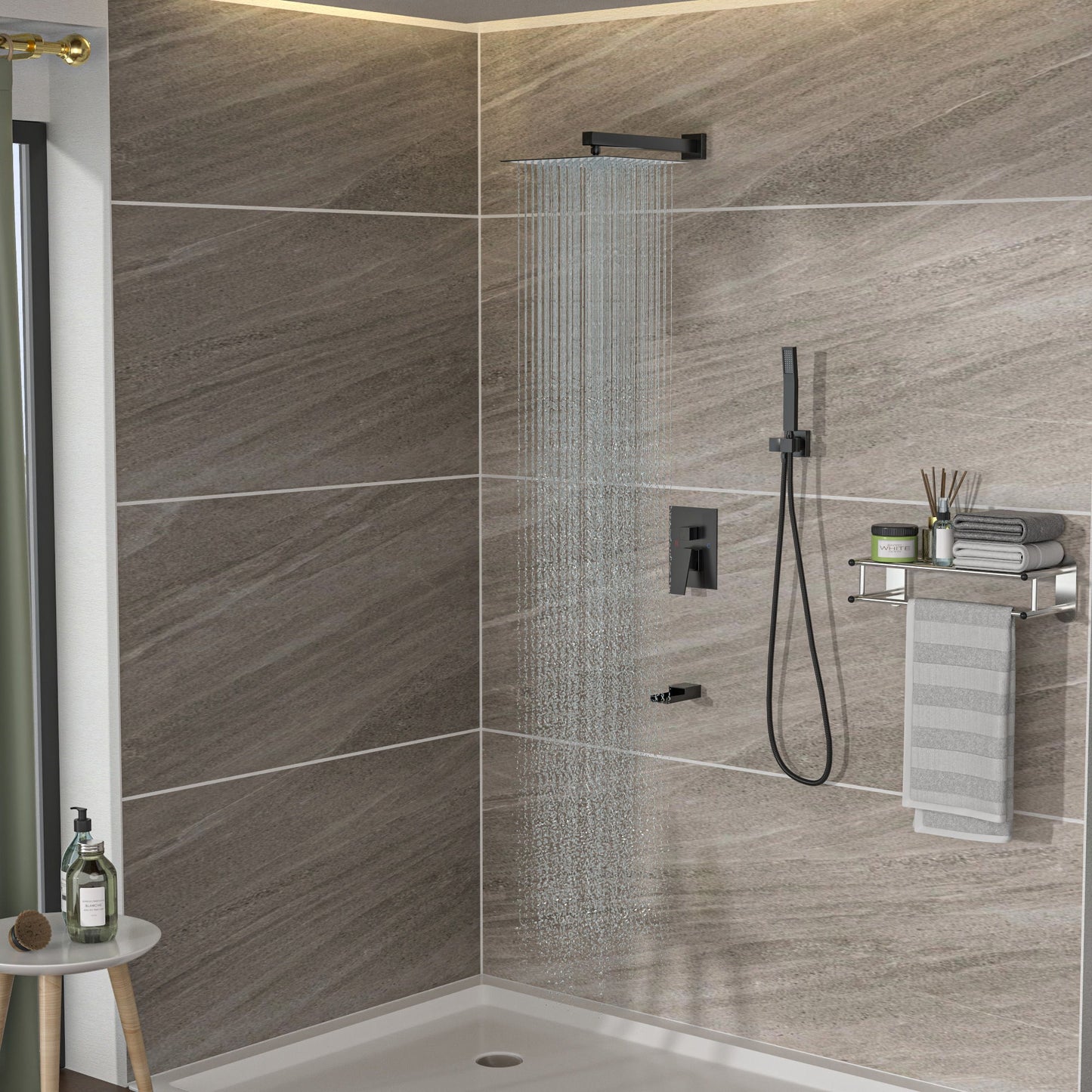 12" Ceiling Mount Square Shower System With Waterfall Tub Spout And Rough In Valve
