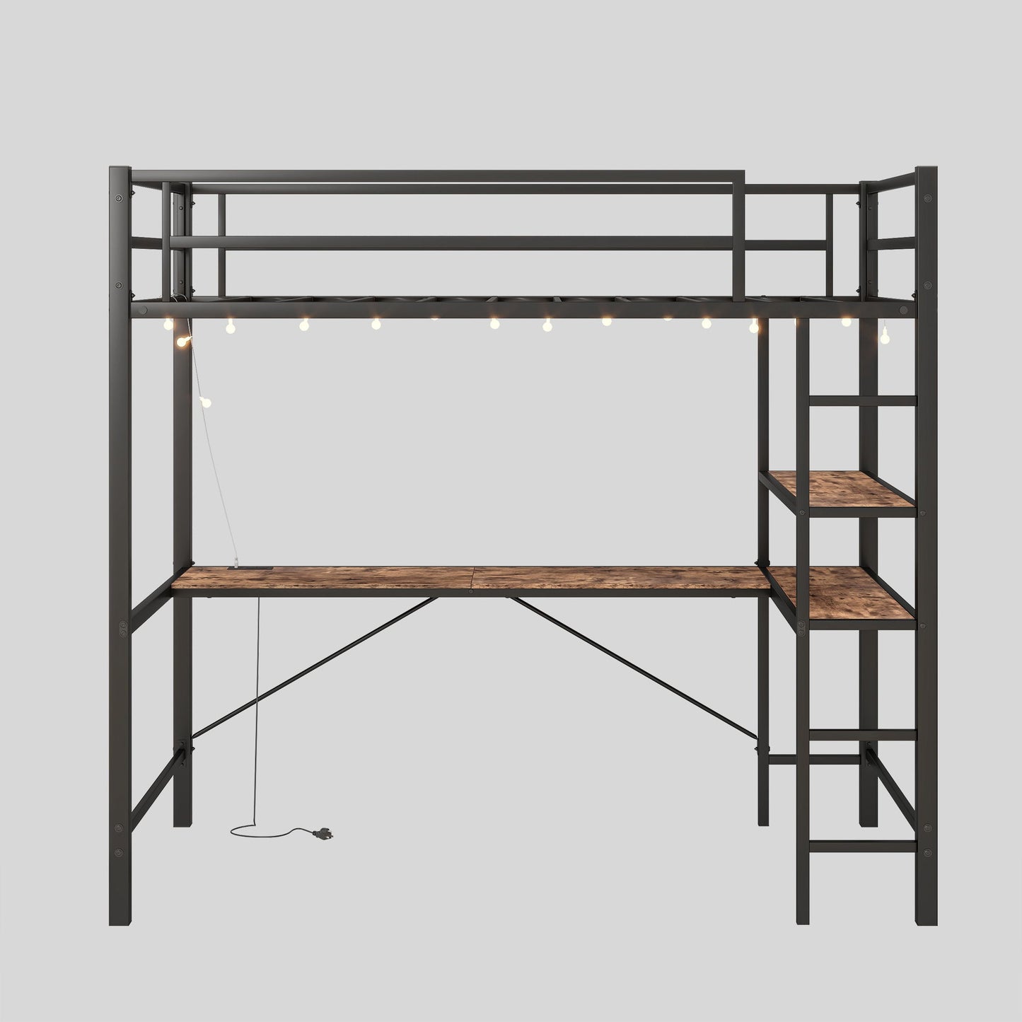 Space Saving Twin Size Loft Bed With L Shaped Desk, Shelves, Charging Station, Led Lights - Brown