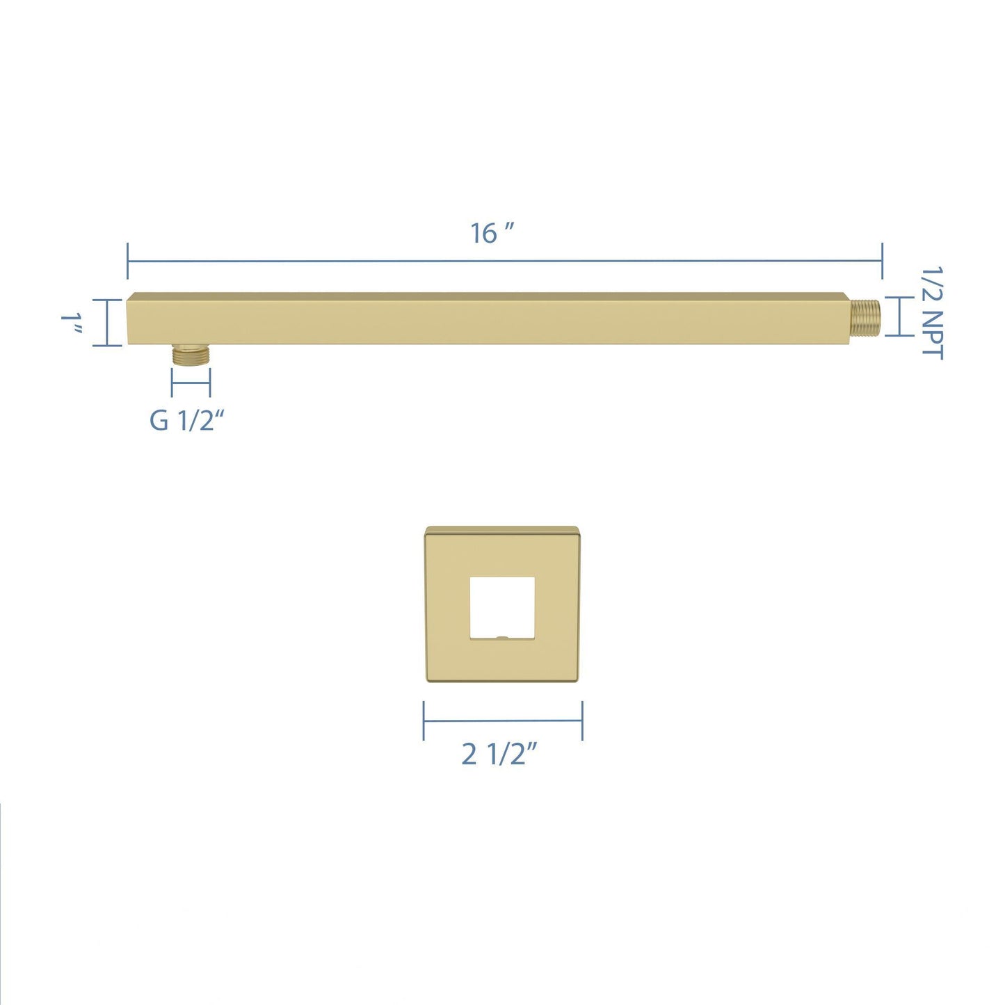 Wall Mounted Shower Arm With Flange, 16" Stainless Steel For Rain Shower Heads - Gold