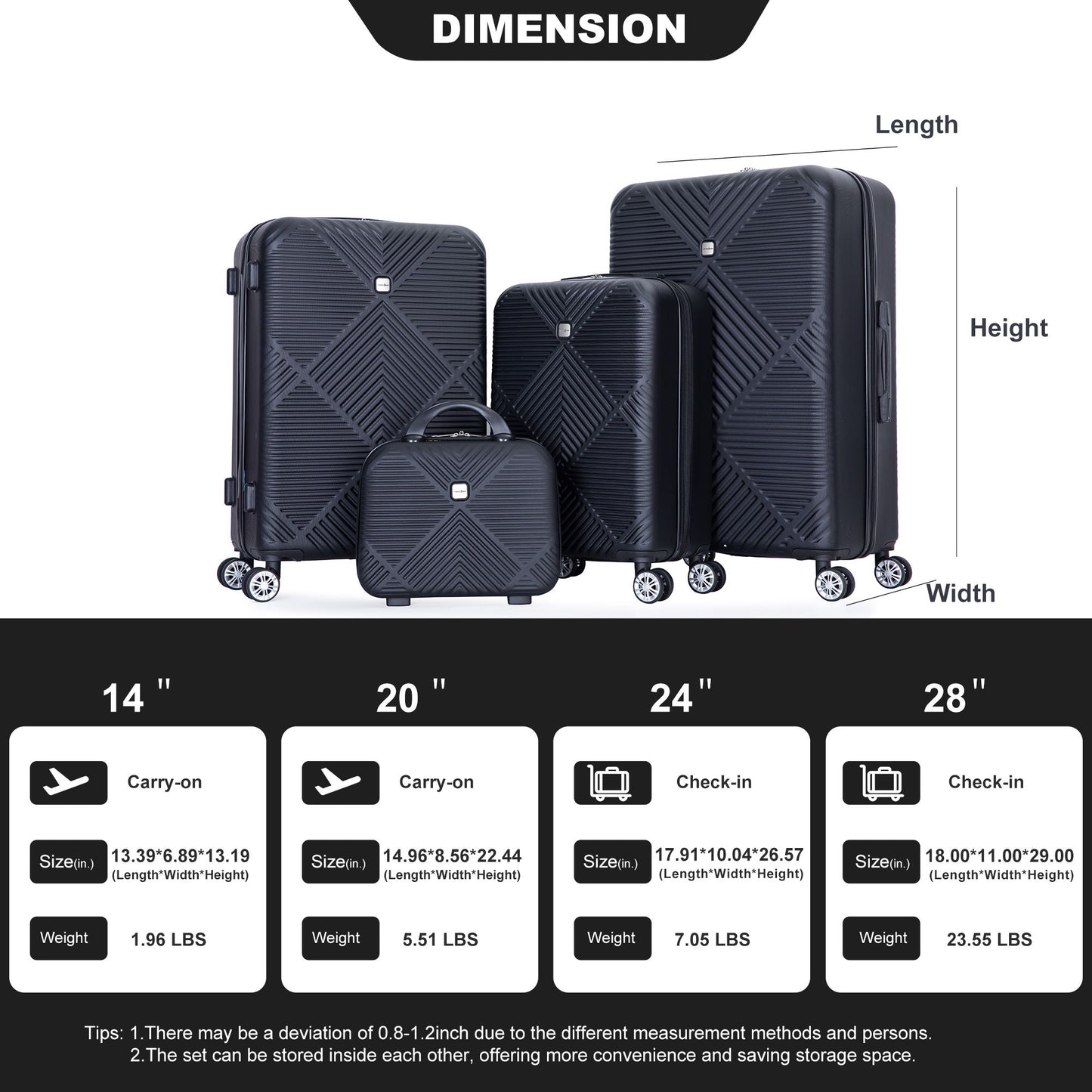 4 Piece Lightweight Suitcase, Makeup Box, Aircraft Wheels