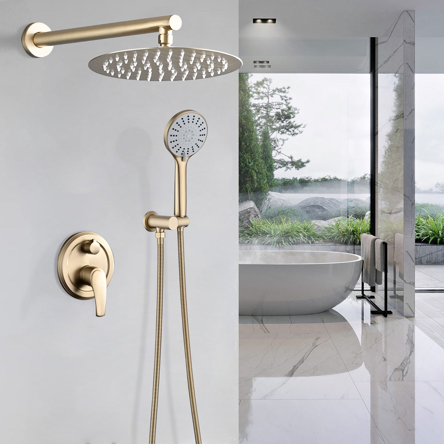 Wall Mounted Shower System With High Pressure Rain Shower Head & 5 Function Handheld - Brushed Gold