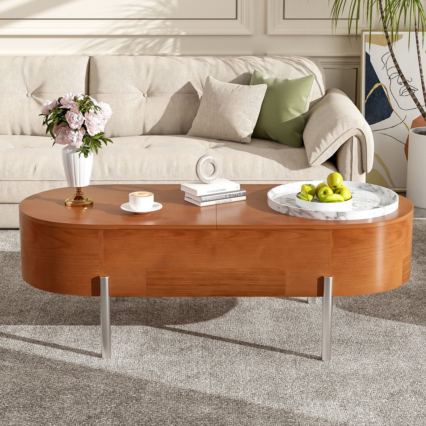 Lift Top Coffee Table With 360 Degree Marble Patterned Rotating Tray