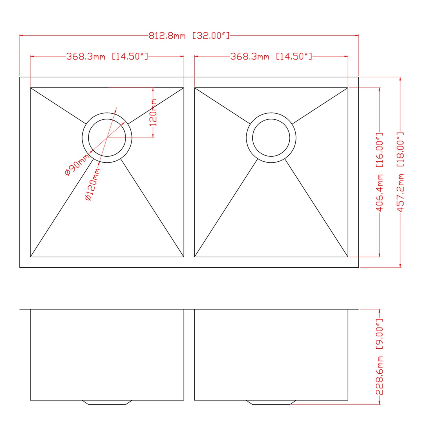 16 Gauge Undermount Double Bowl Kitchen Sink With 9" Deep Bowls - Brushed Nickel