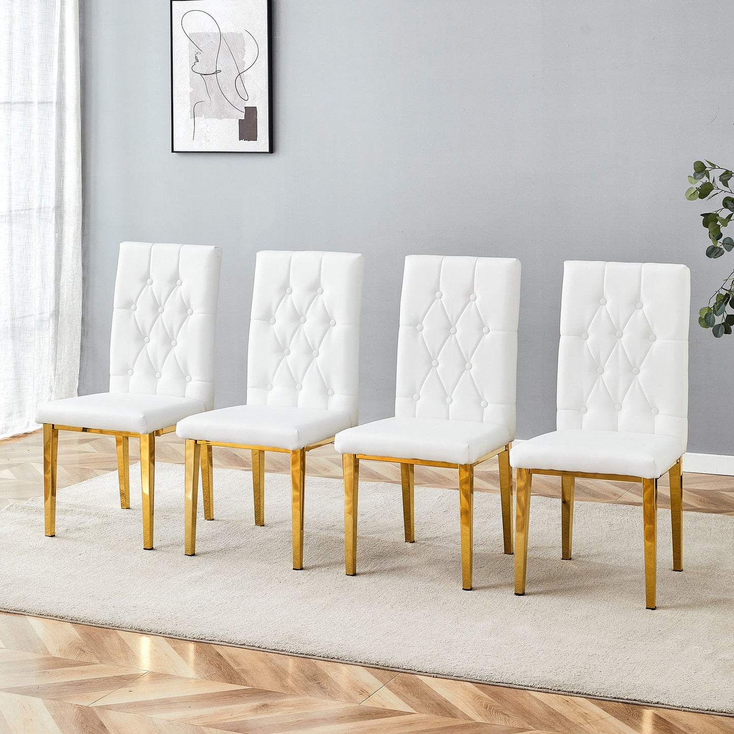 Elegant Vintage Armless Dining Chairs Set With Grid Design And Metal Legs (Set of 4) - White / Gold