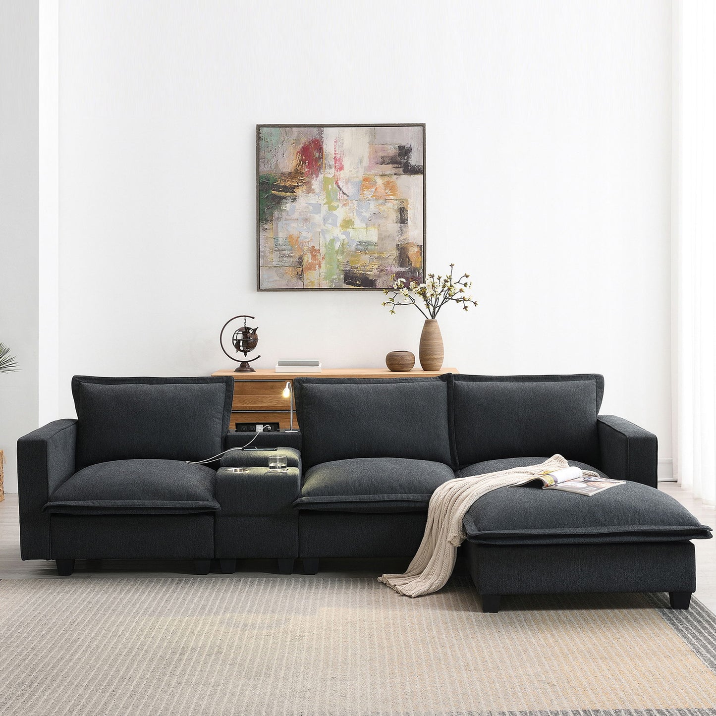 Modern Sectional Cloud Sofa With Console USB Charger Reading Light Cup Holder, Wide Seat 4 Seat Modular Couch Storable Indoor Funiture