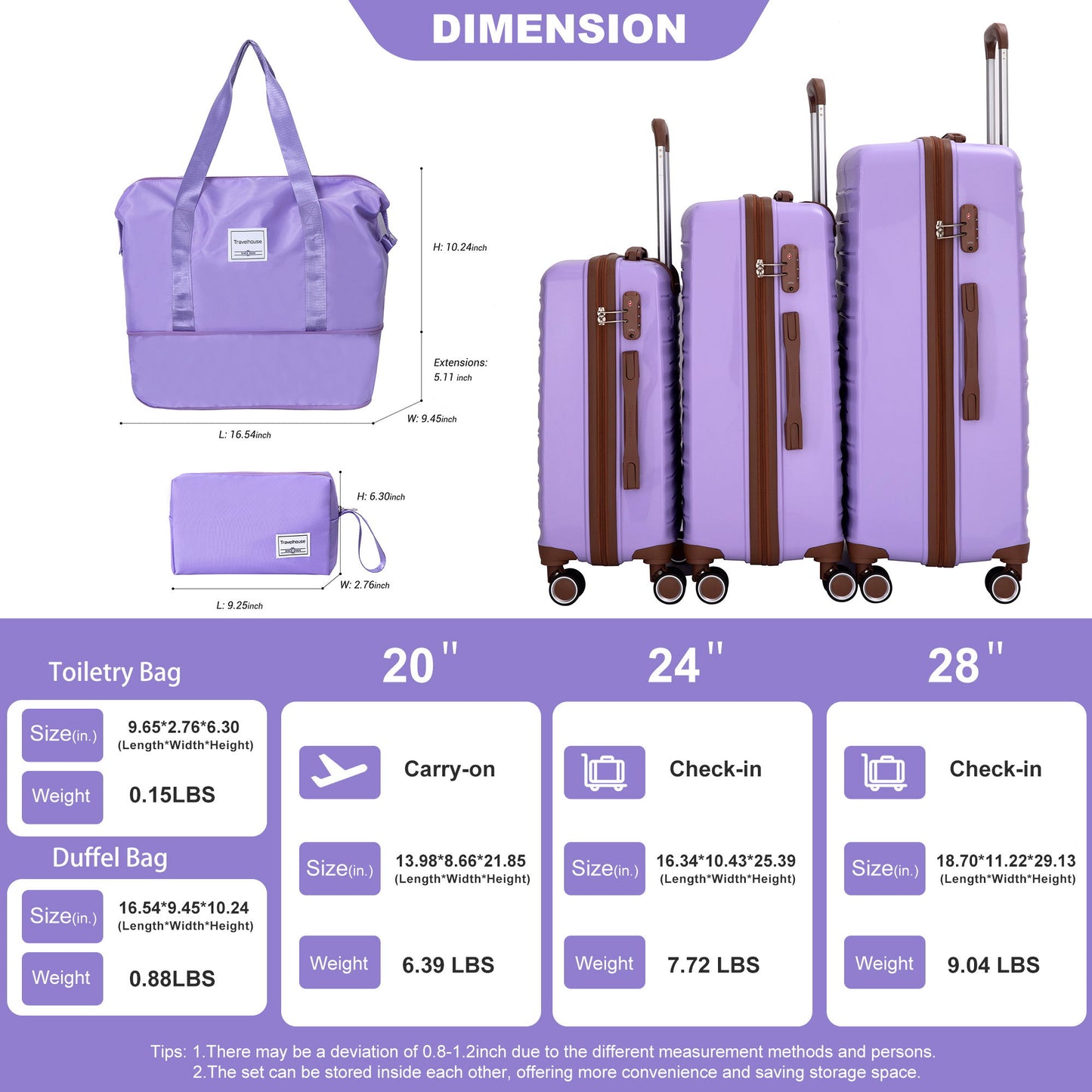 5 Piece Set Hardshell Carry On Luggage Set With Tsa Lock