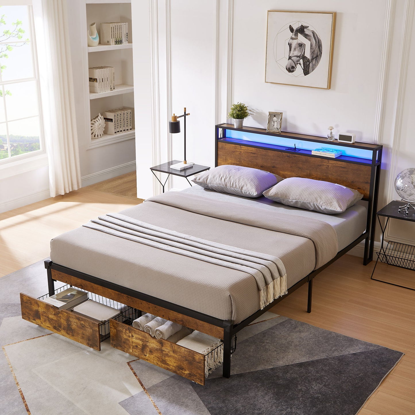 Modern King Size Metal Platform Bed Frame With Wooden Headboard USB Charging LED Lights And Storage - Brown / Black