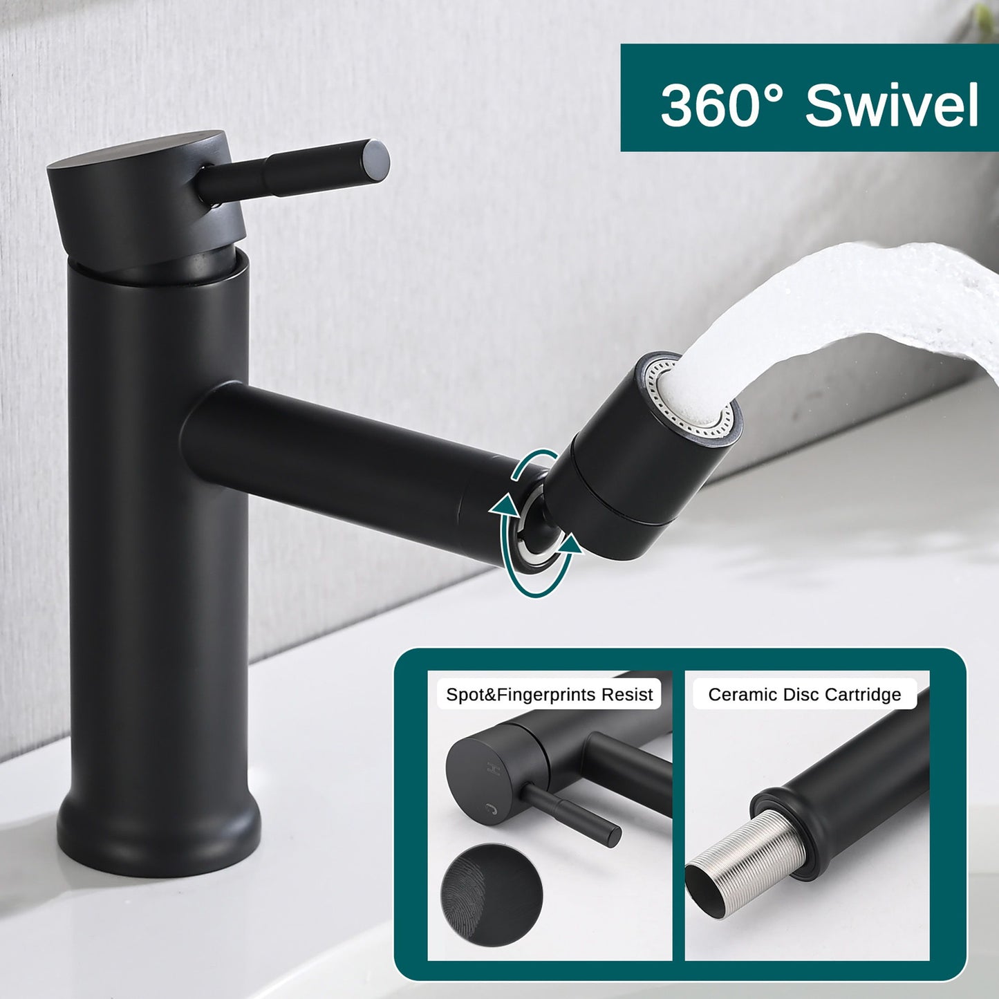 2 Mode Bathroom Faucet With 360 Degree Rotating Aerator For Sink - Matte Black