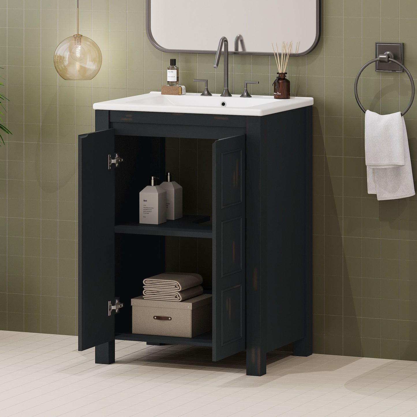 Vintage Style Small Bathroom Vanity Combo With Ceramic Sink, 2 Soft-Close Doors - Espresso