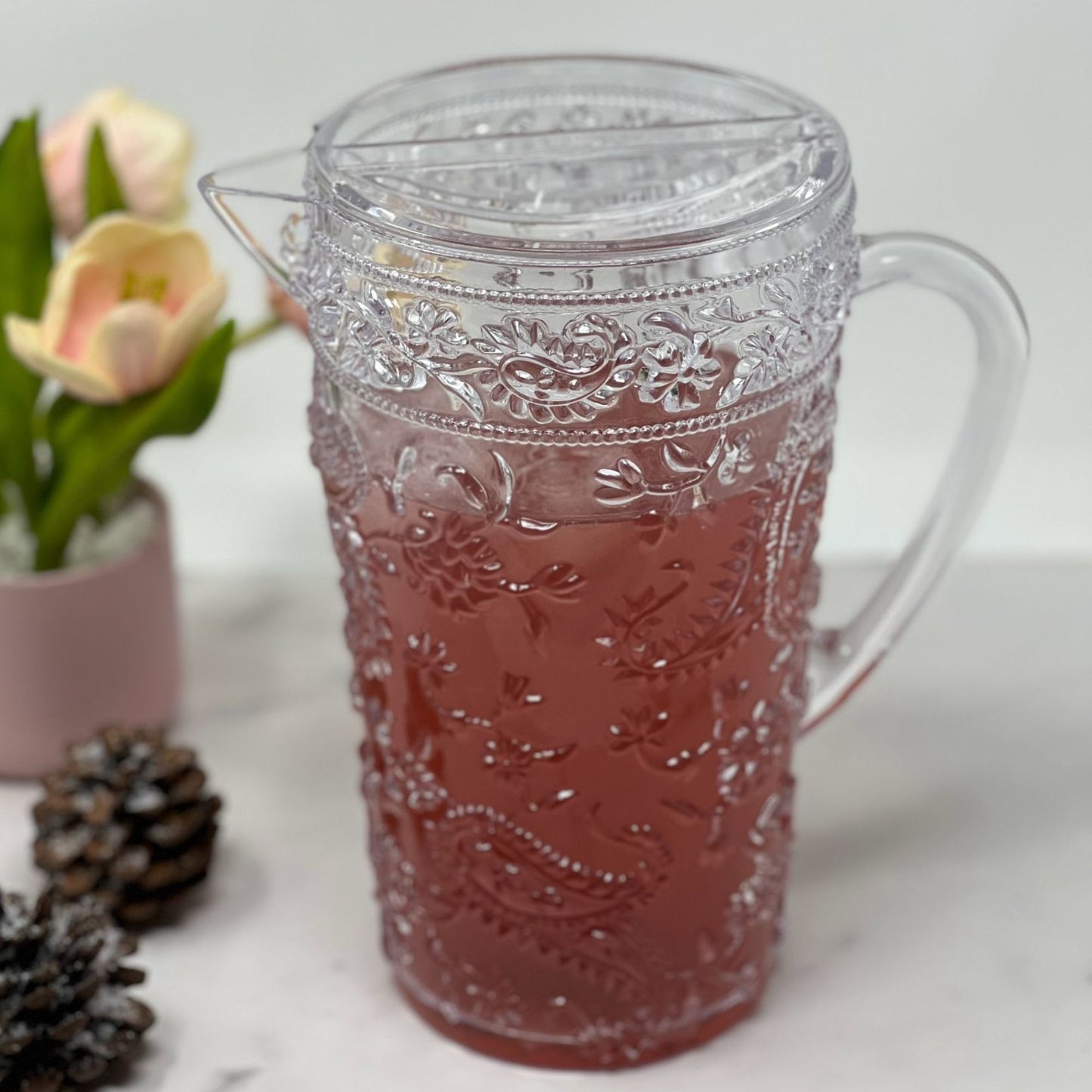 Paisley - 2.5 Quarts Water Pitcher With Lid, Unbreakable Acrylic Drink Pitcher With Spout, Bpa Free - Clear