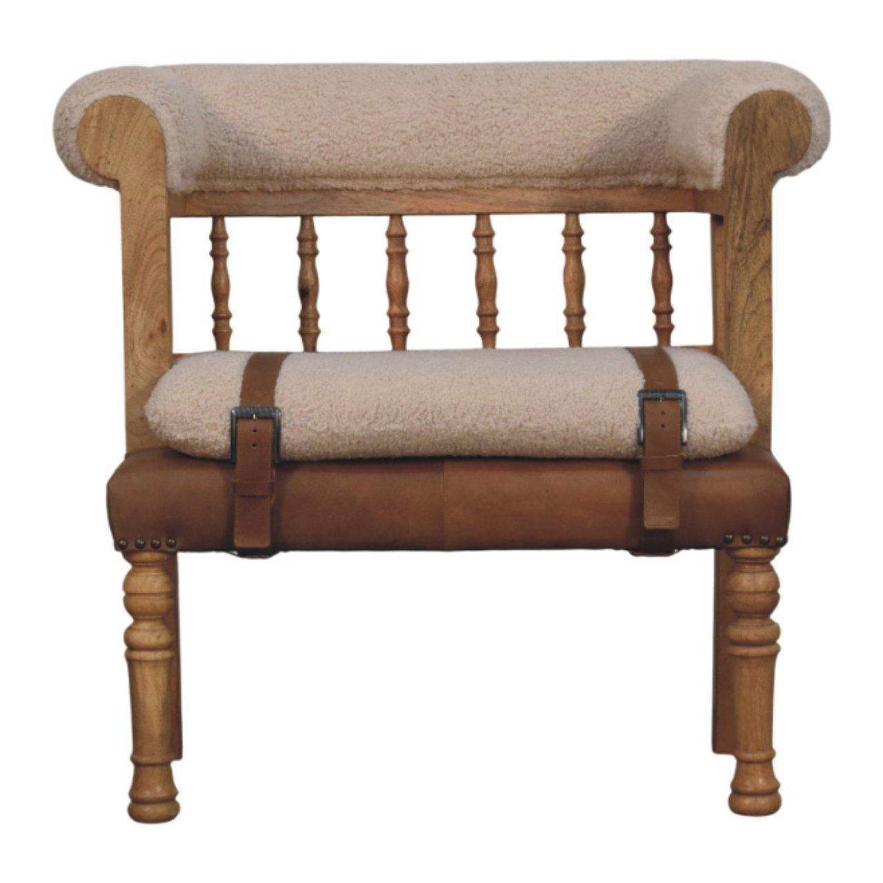 Strapped Hallway Boucle Bench - Beige / Brown