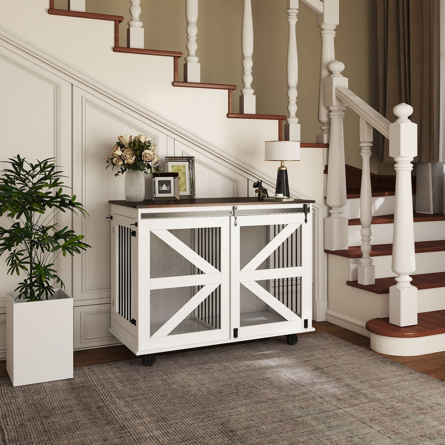 Mobile Dog Crate With Flip Top Feeding Door, Dual Access & 5 Caster System (2 Locking) - Brown White