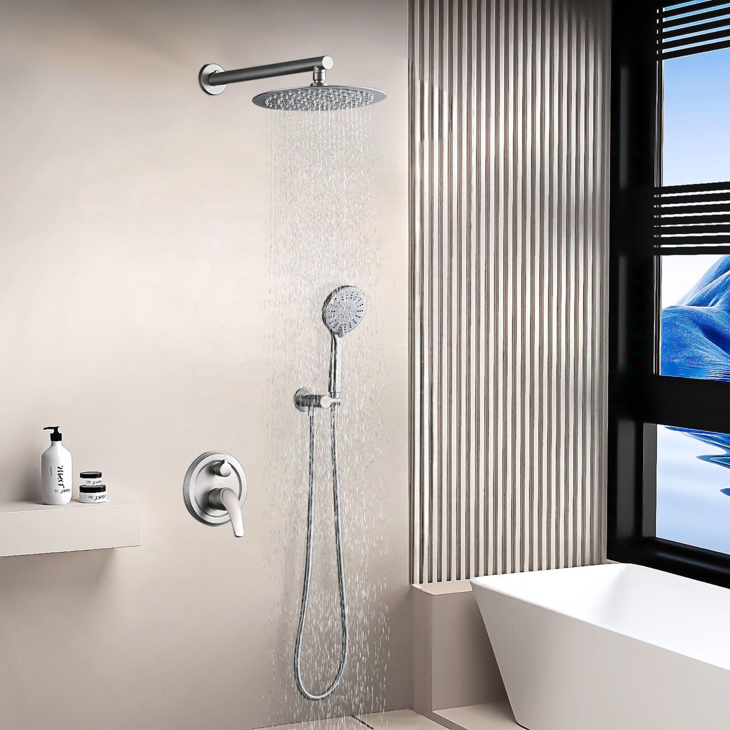 Wall Mounted Shower Set With High Pressure 10" Rain Shower Head And 5 Function Handheld Shower Head - Brushed Nickel