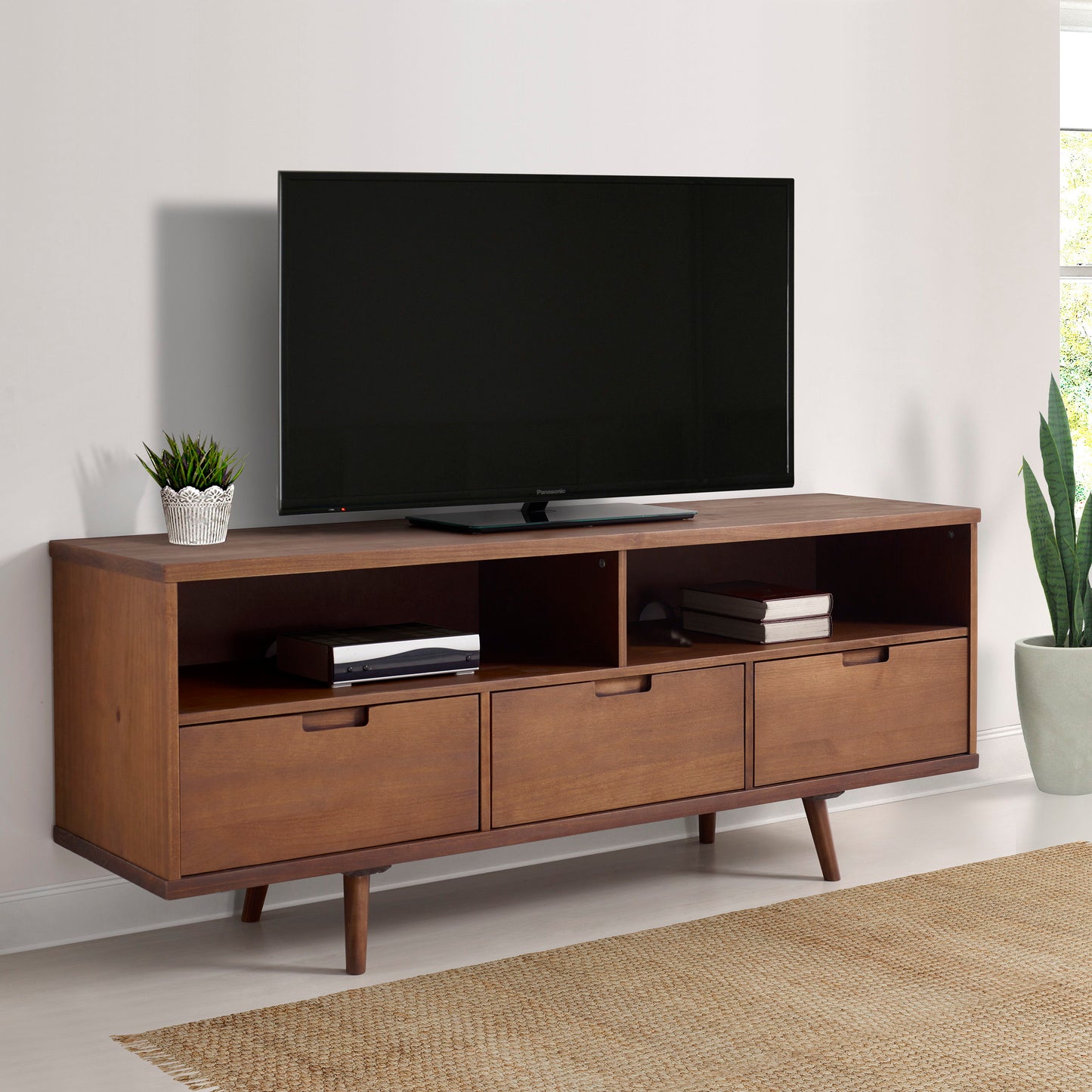 Mid-Century Modern Minimalist 3 Drawer Corner TV Stand For TVs Up To 58