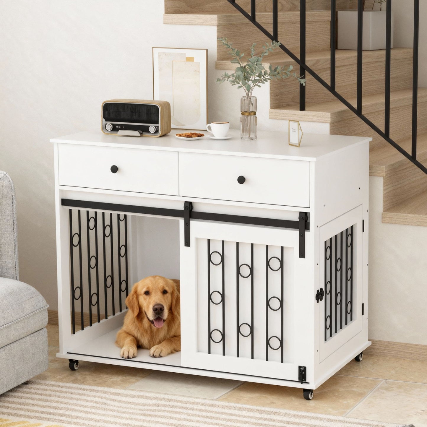 Dog Crate Furniture With Double Drawers And Sliding Barn Door, Pet Kennel For Small To Medium Dogs - White