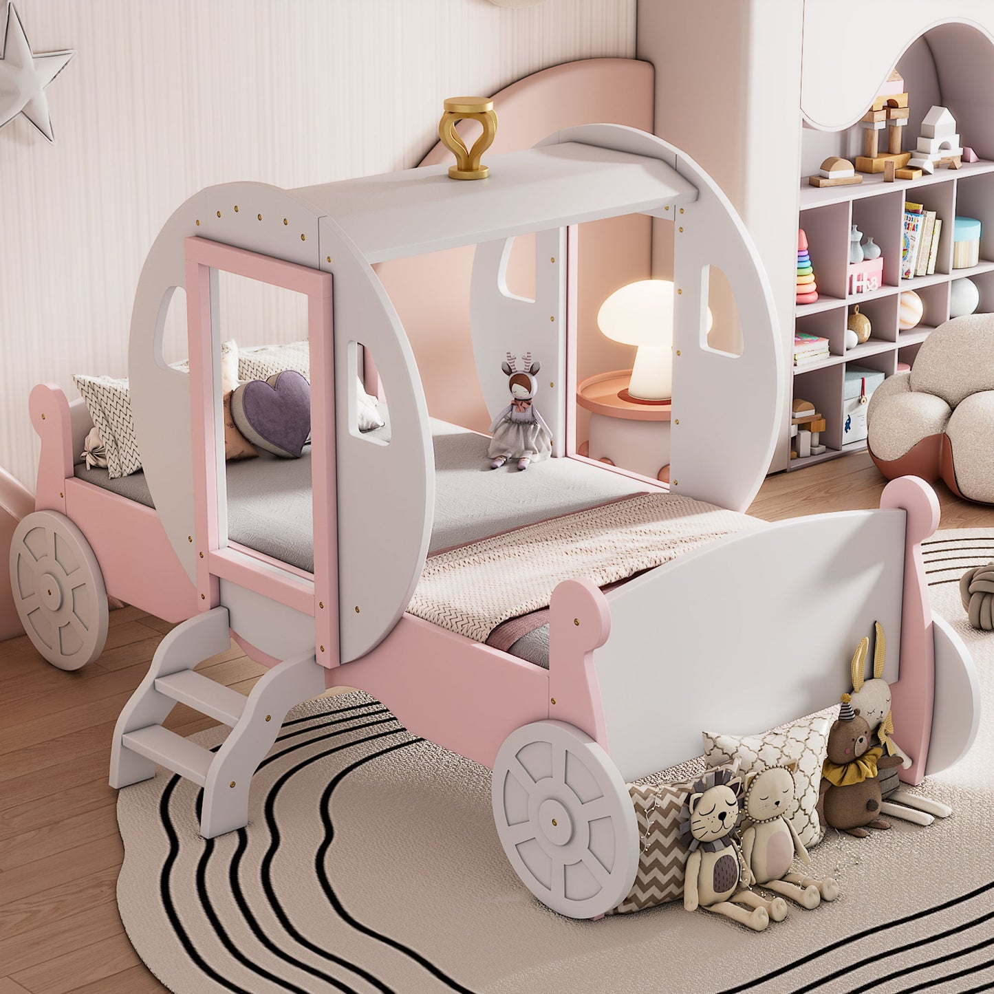 Princess Carriage Bed With Crown, Platform Car Bed With Stair