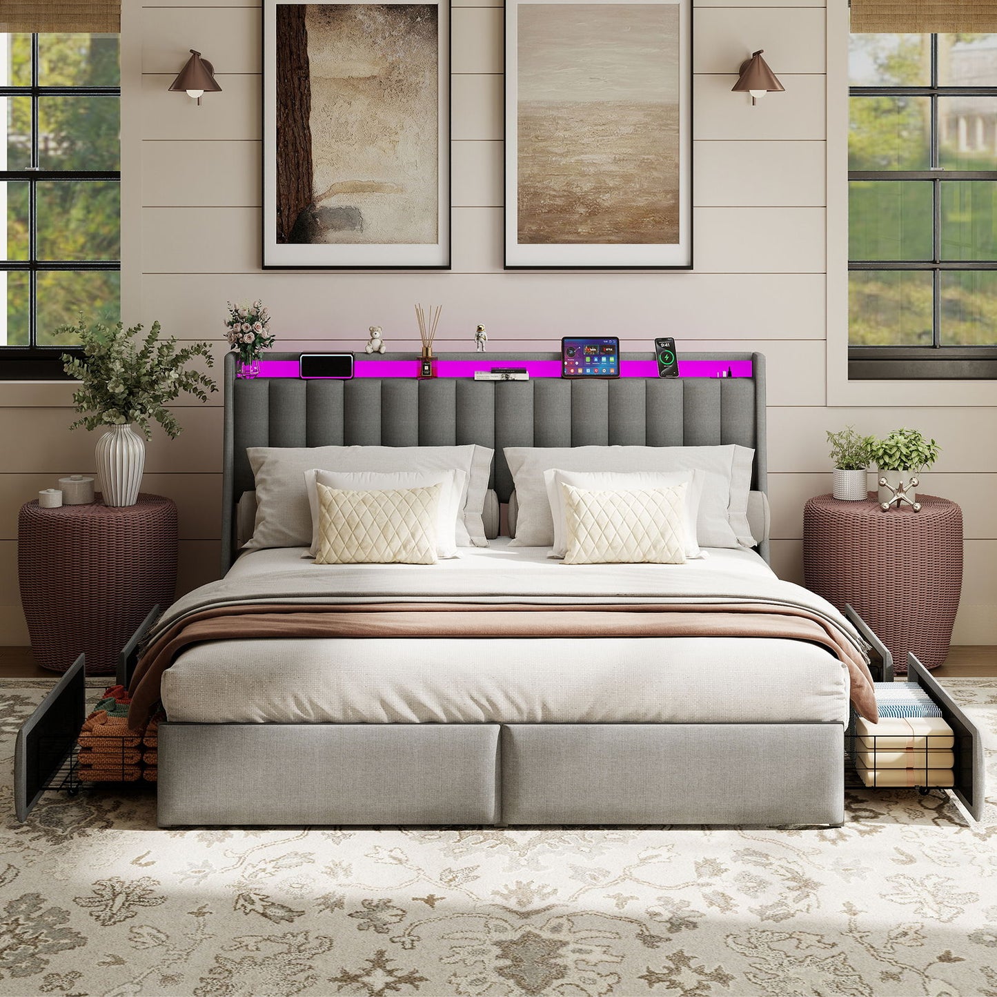 King Upholstered Bed Frame With 4 Storage Drawers, RGB LED Lights & USB / Type-C Charging Station, No Box Spring Needed - Gray