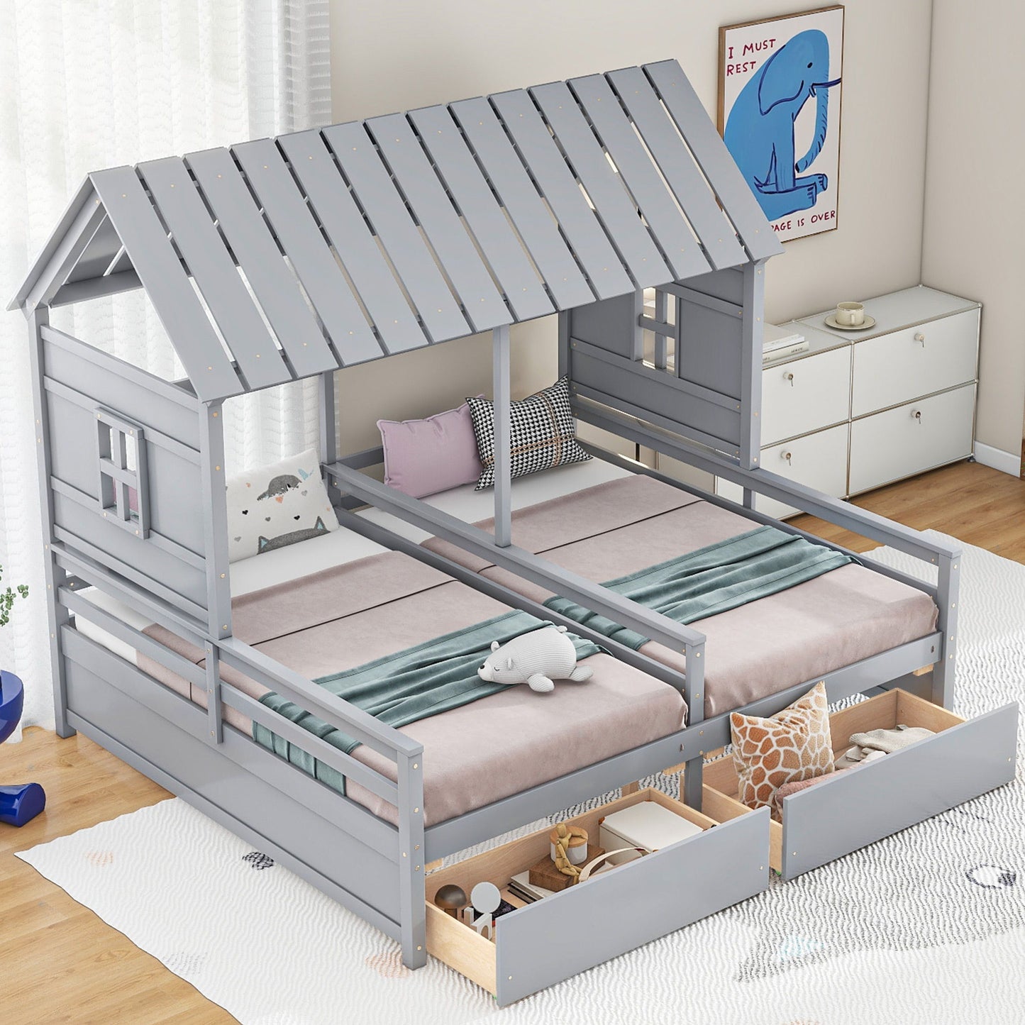 Twin Size House Platform Beds With 2 Drawers For Shared Use - Gray