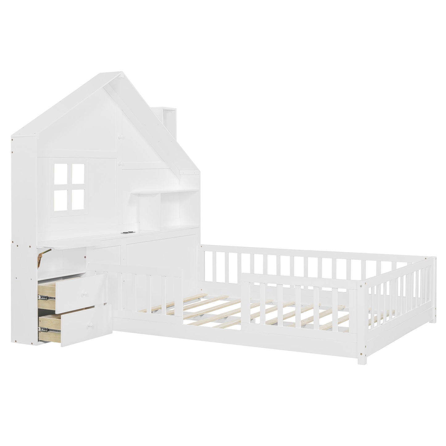 Full Size House Bed With Window And Bedside Drawers, Platform Bed With Shelves And A Set Of Sockets And USB Port - White
