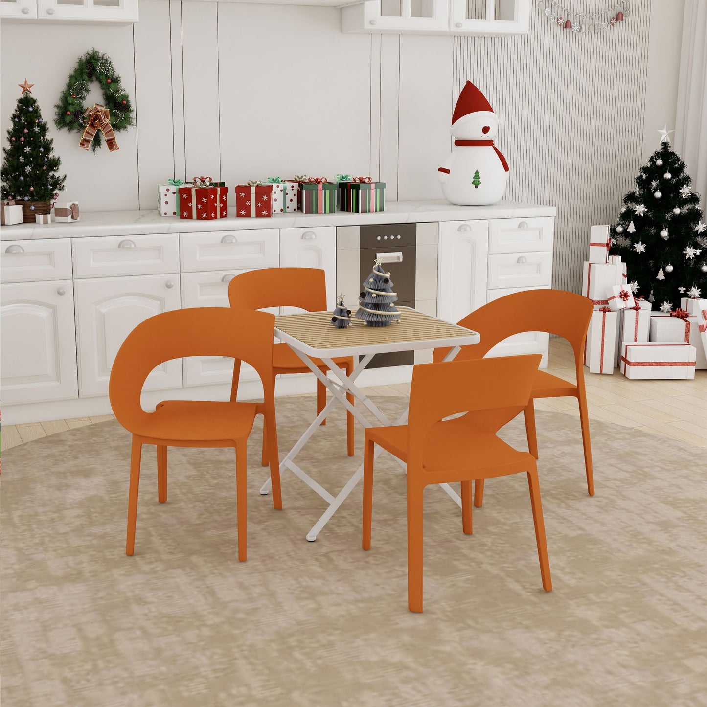 4 Piece Set Of Color Block Designed Single Chairs With Folding Square Table - Khaki / Tropical Orange / White