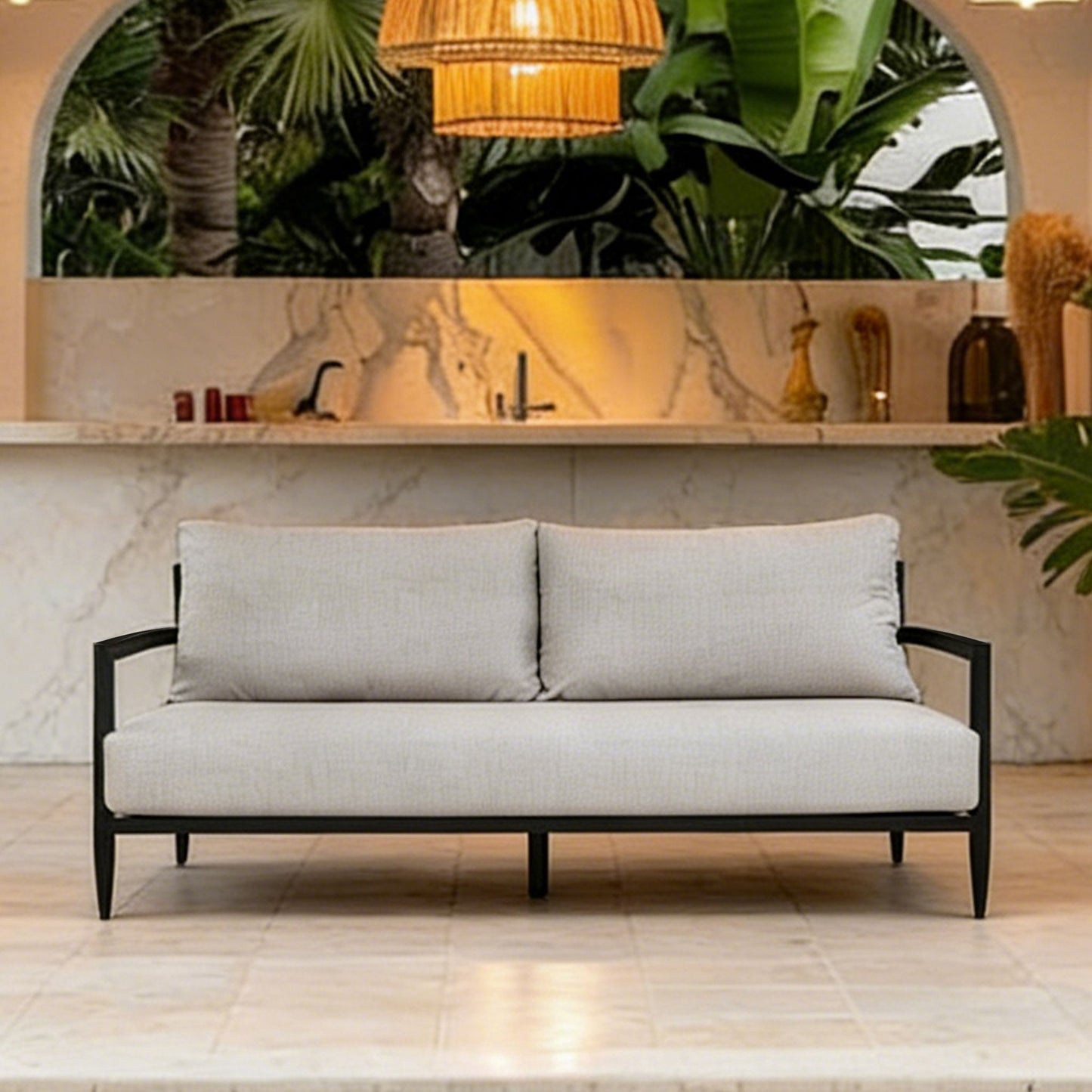 Outdoor Bench Seat Sofa, Sunbrella Cushion, Weather Resistant For Patio - Ember Black