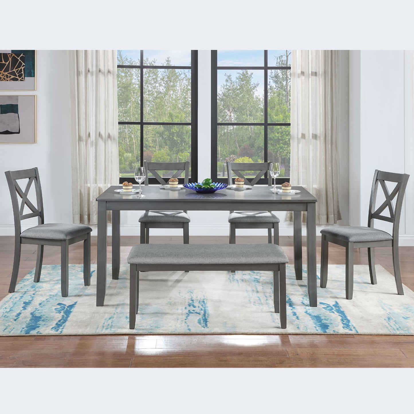 6 Pieces Kitchen Dining Set, Rectangular Wooden Dining Table With 4 Chairs And A Bench