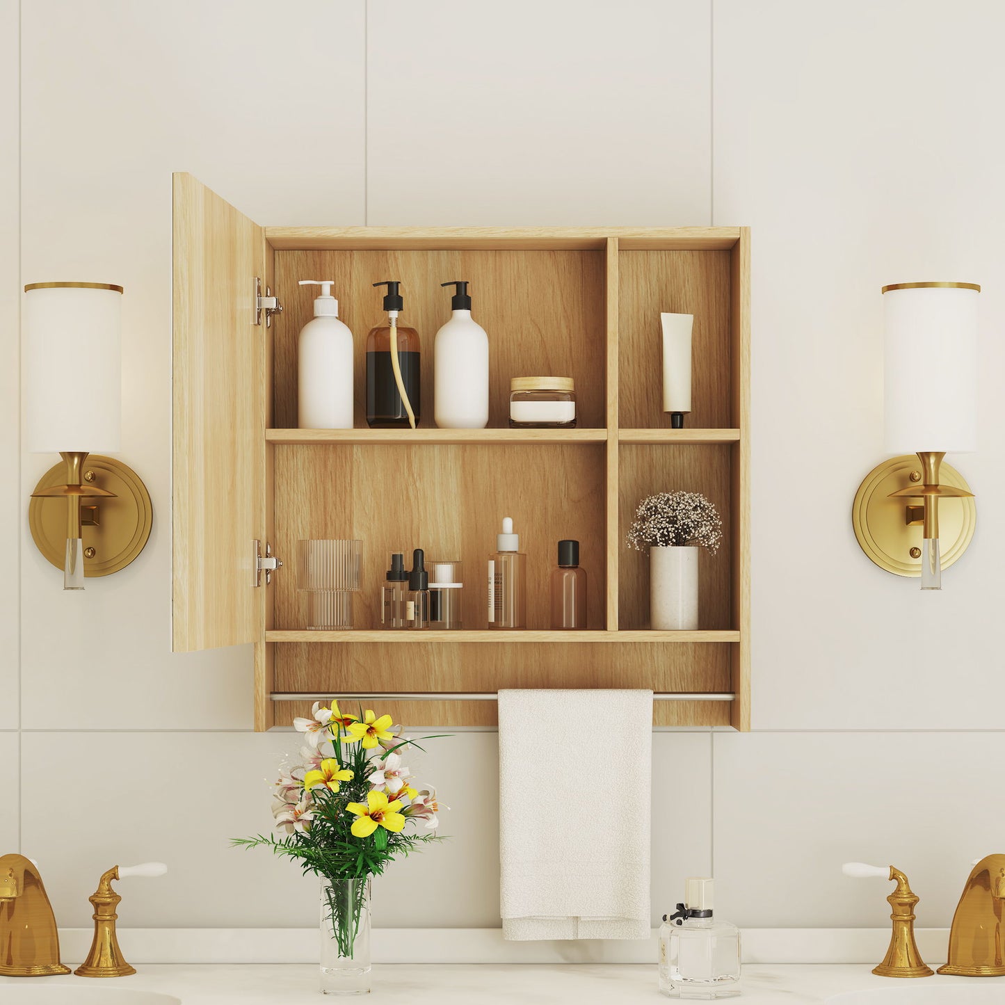 Bathroom Mirror Cabinet Wall Mounted, Medicine Cabinet, Over The Toilet Storage Cabinet With Shelves And Towel Rack - Burly Wood