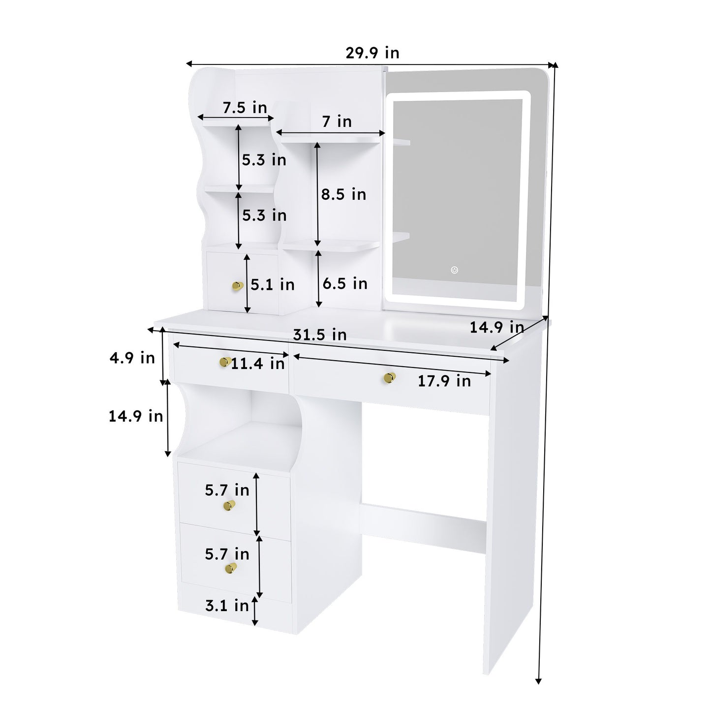 Dressing Table With Movable Mirror And LED Light, 5 Drawer Storage Organizer - White