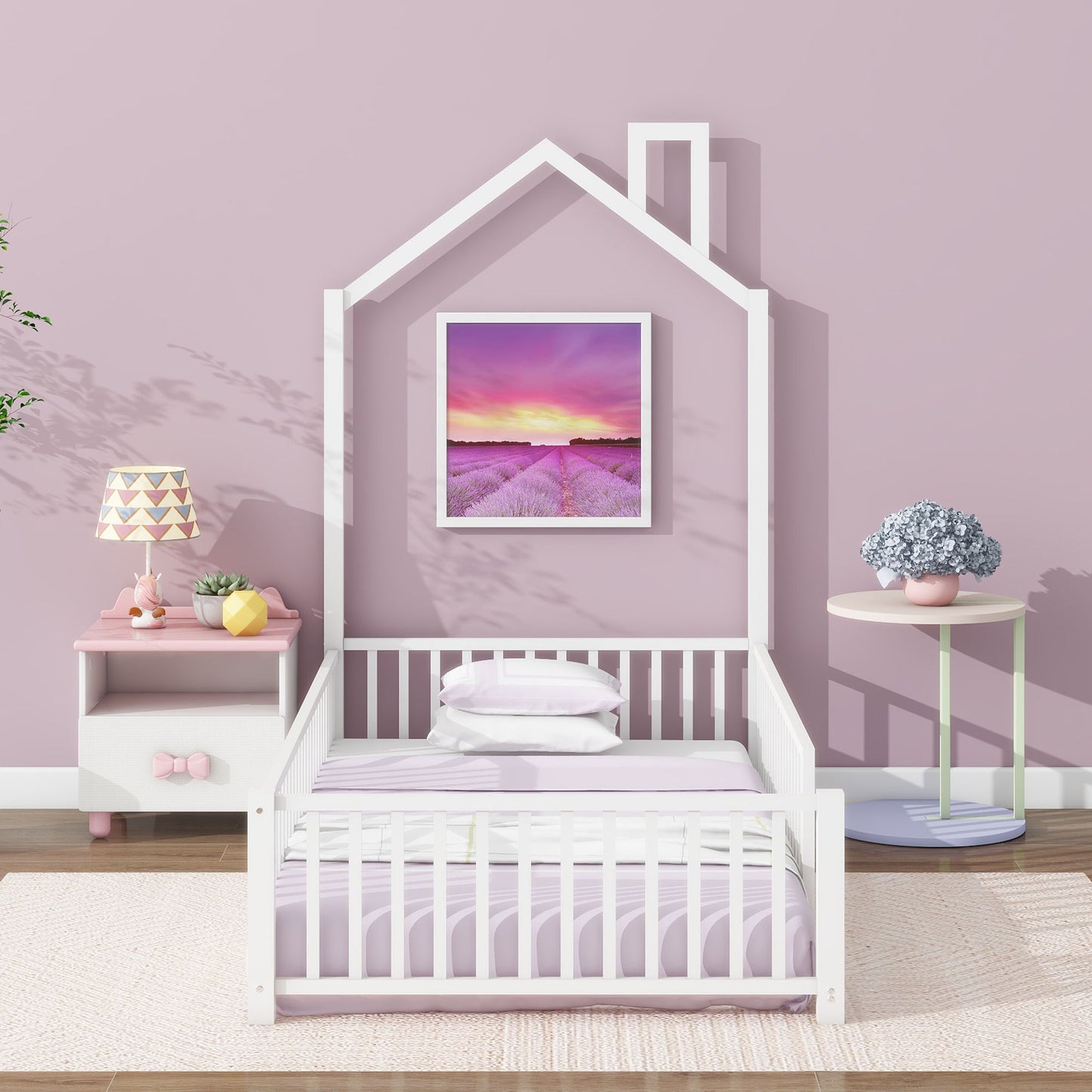 Twin Size Metal House Platform Bed With Guardrail And Chimney - White