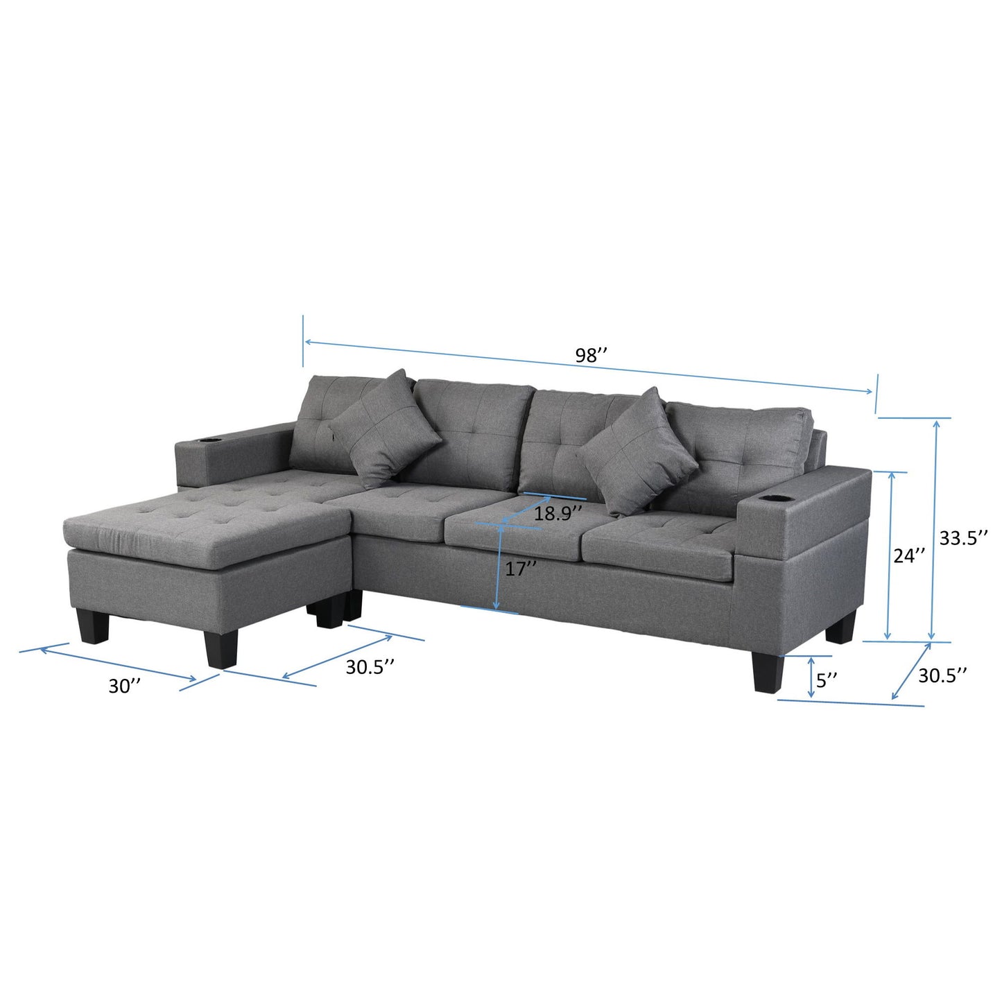 Modern Sectional Sofa Set With L Shape Chaise Lounge, Cup Holder, 4 Seat - Gray