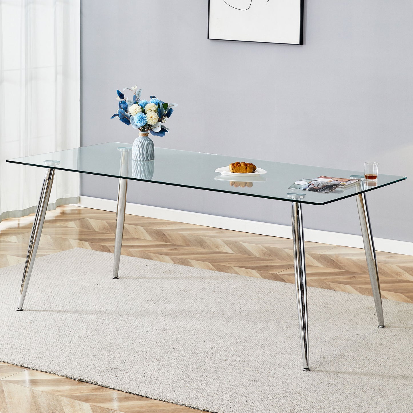 Modern Rectangular Glass Dining Table For 4 - 6 People With Tempered Glass Countertop