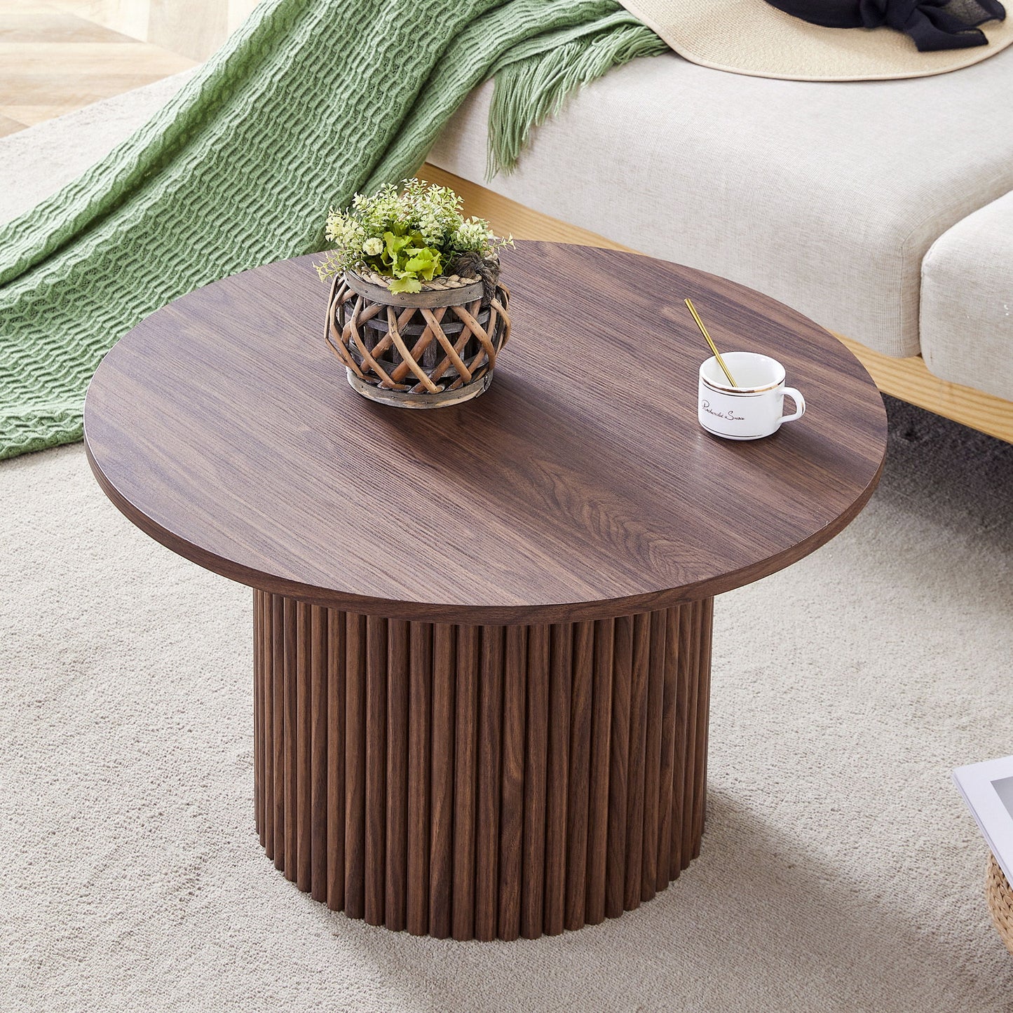 Modern Circular Coffee Table Material Color Cylindrical Design - Walnut