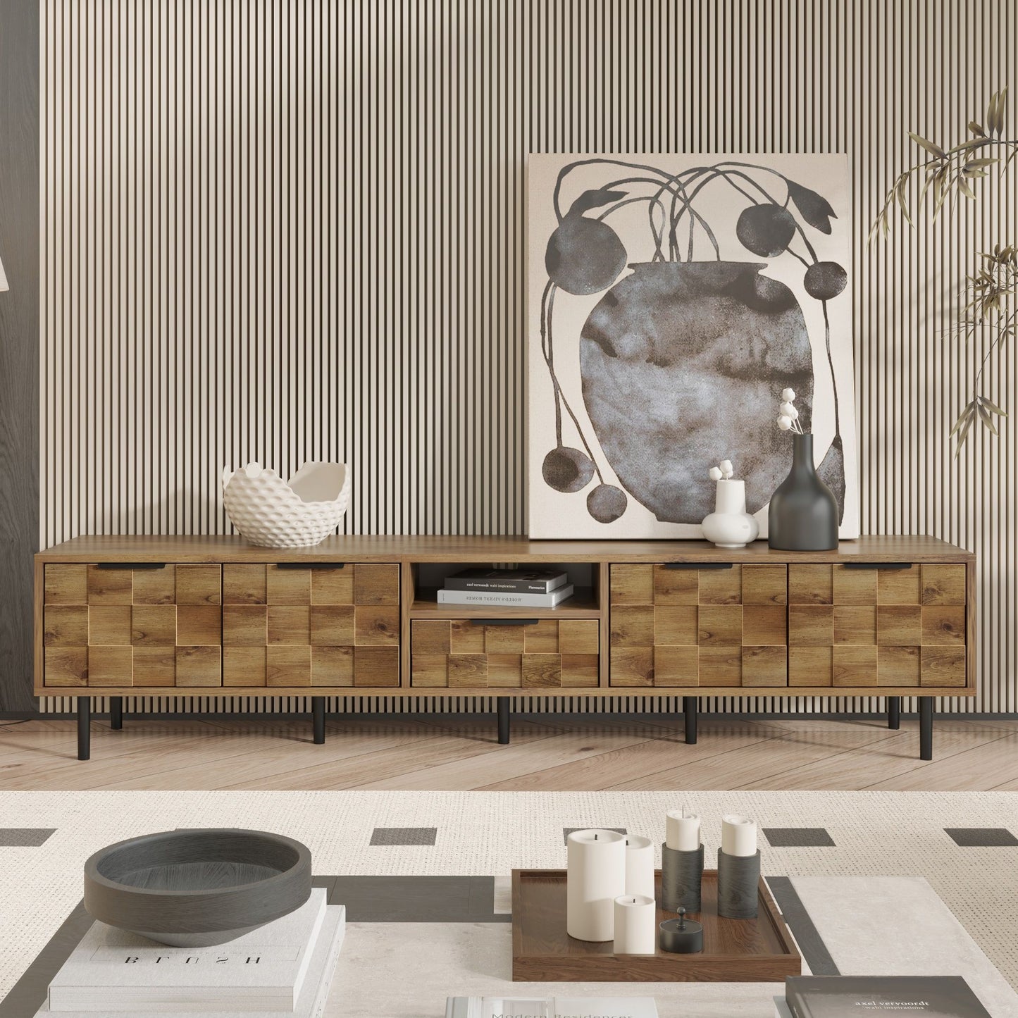 TV Stand, L Shaped Handle Entertainment Console With Storage - Natural