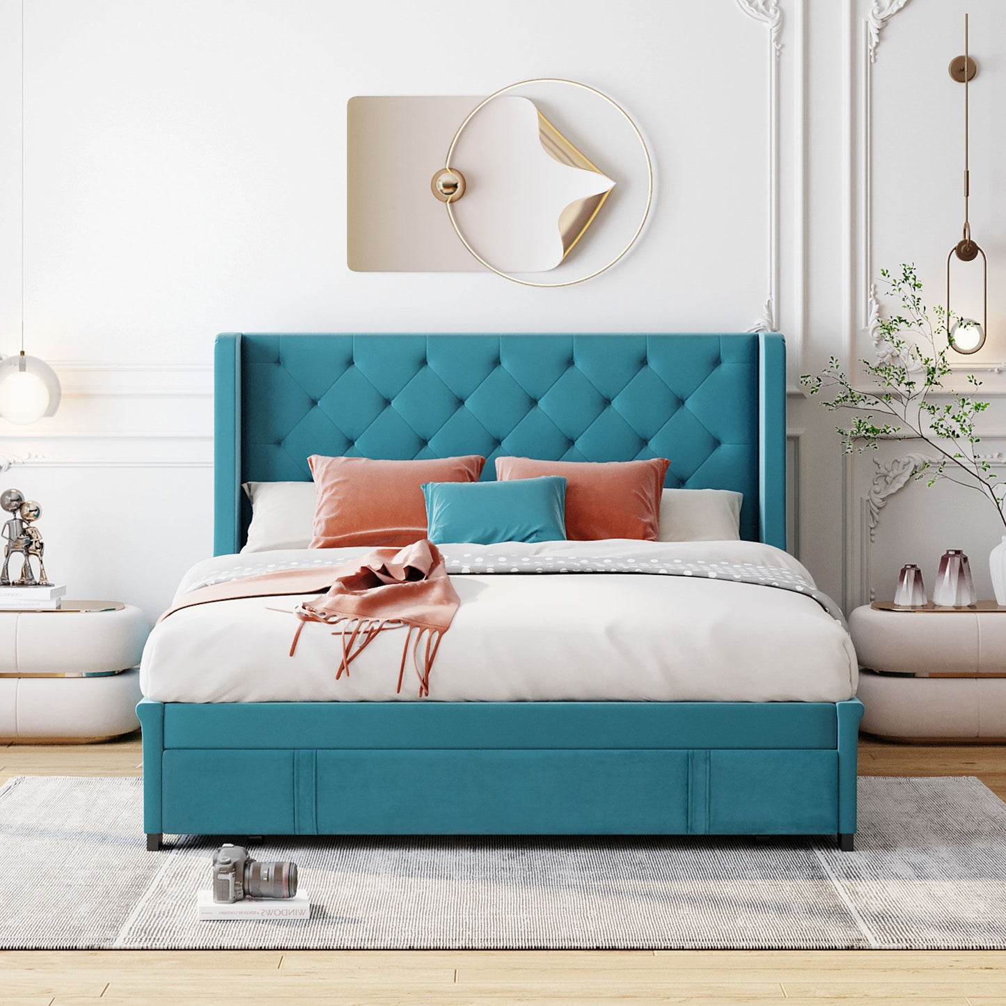 Queen Size Storage Upholstered Platform Bed With Wingback Headboard And A Big Drawer - Blue