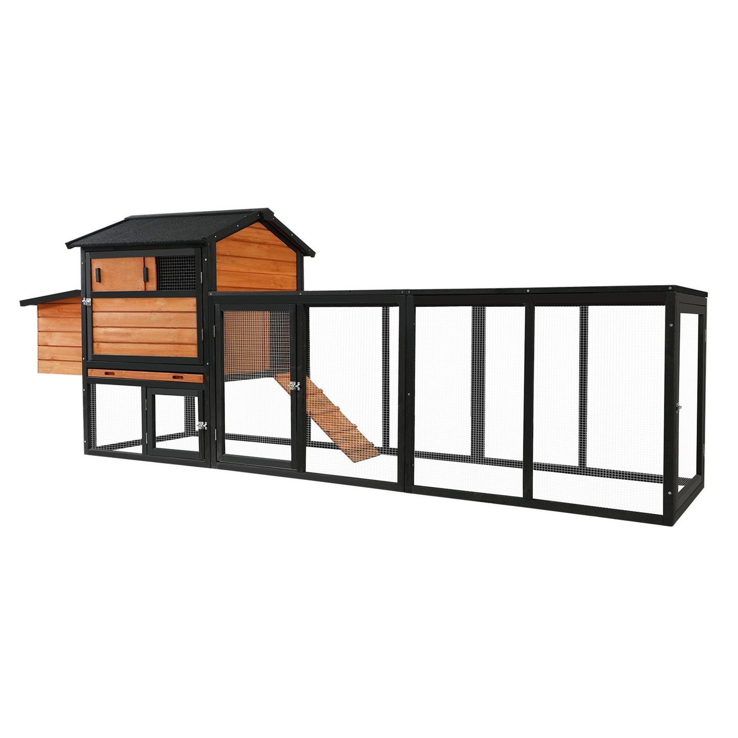 Chicken Coop With Run And Nesting Box, Large Outdoor Hen House For Backyard - Brown / Black