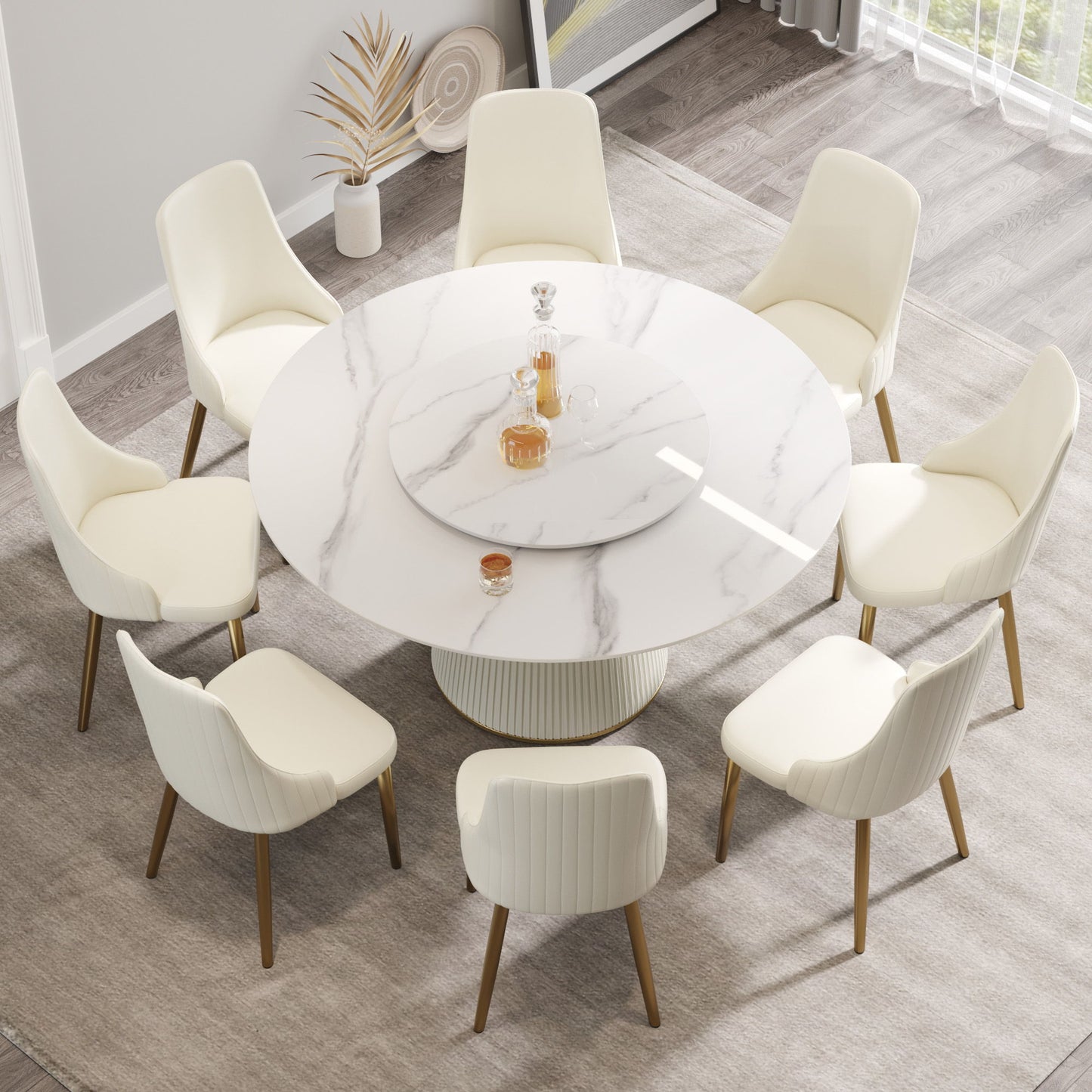 Modern Artificial Stone Round Plywood Base Dining Table, Can Accommodate 8 People, Artificial Stone Turntable (Not Including Chairs) - White / Beige