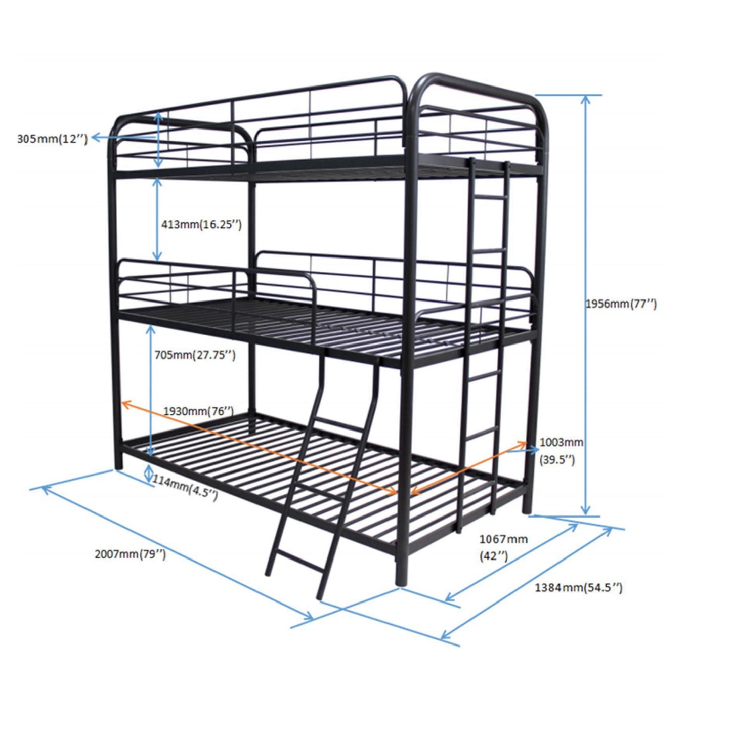 Modern Triple Bunk Bed, Twin / Twin / Twin, Durable Metal Frame - Black