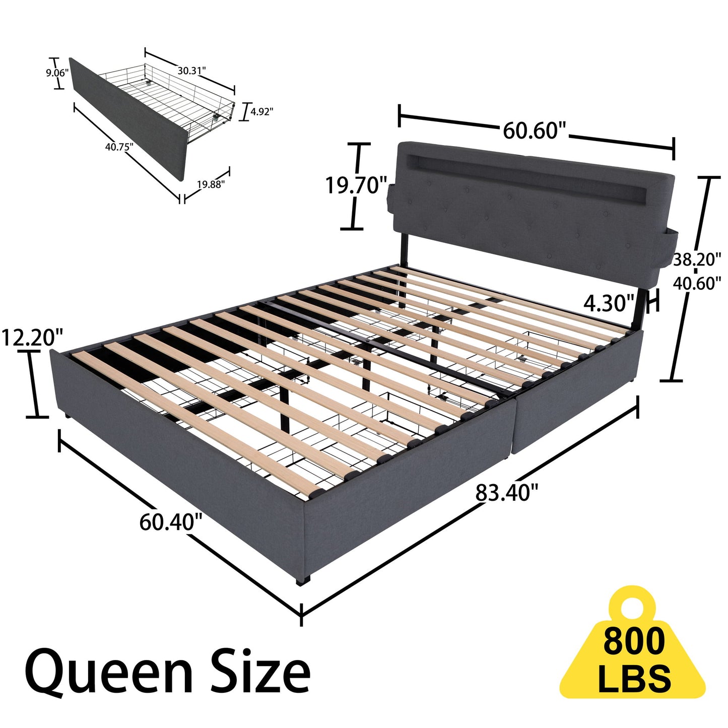 Queen Bed Frame With USB Charging, LED Lights & Storage Drawers Upholstered - Dark Gray