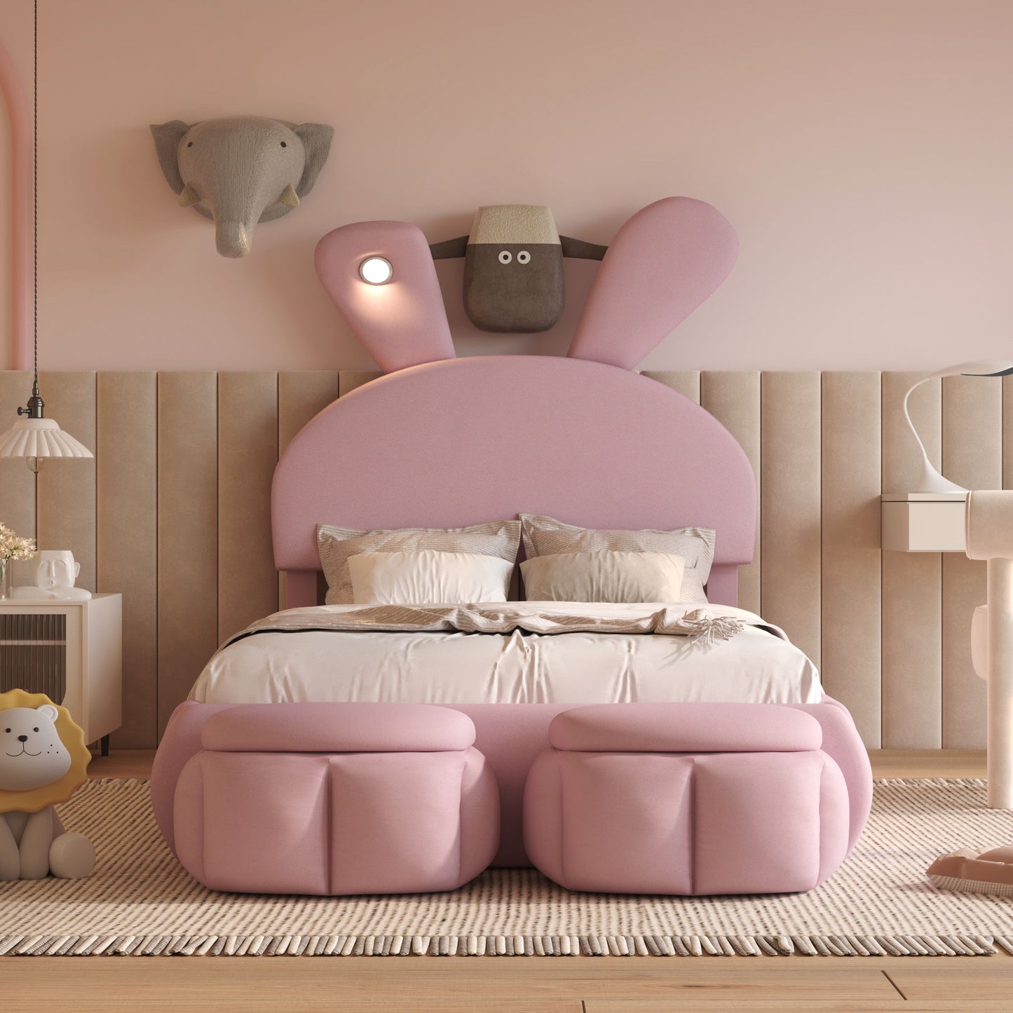 Upholstered Platform Bed With Cartoon Ears Shaped Headboard And LED Light