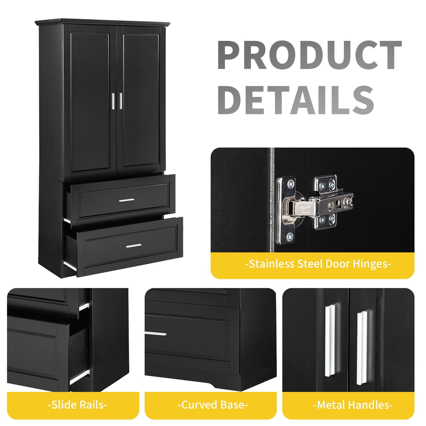 Tall Bathroom Storage Cabinet, Cabinet With 2 Doors And Drawers, Adjustable Shelf - Black