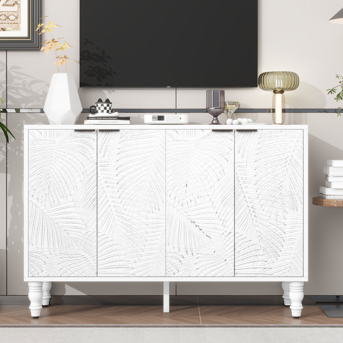 Modern TV Stand With 2 Spacious Storage Space And Anti-Tip Device