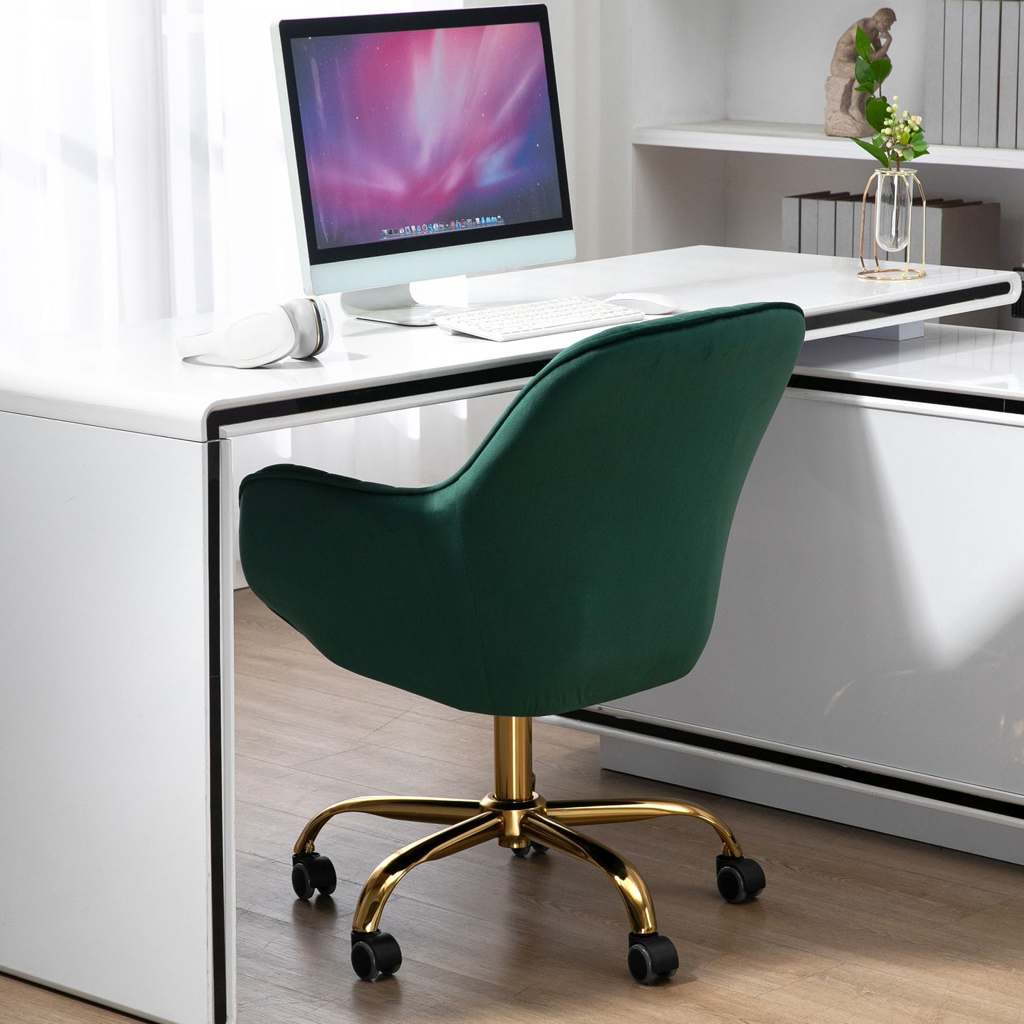 Swivel Chair With High Back, Adjustable Working Chair With Golden Base - Green