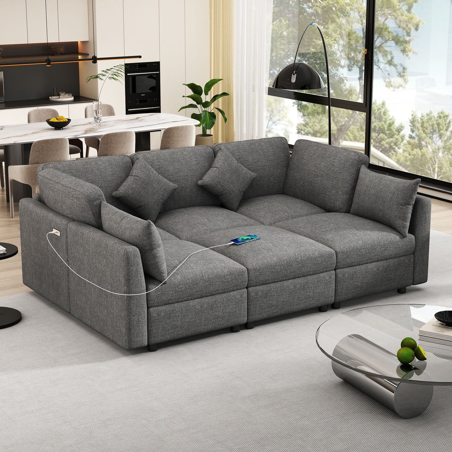 Sectional Sofa Modular U-Shaped With Ottoman & USB Ports