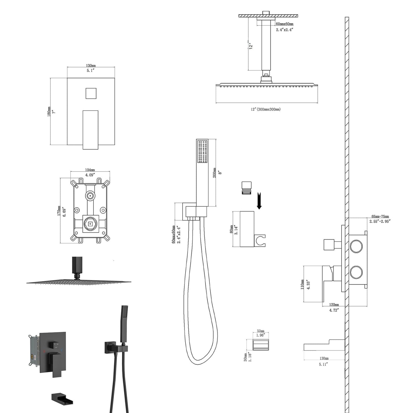 12" Ceiling Mount Square Shower System With Waterfall Tub Spout And Rough In Valve