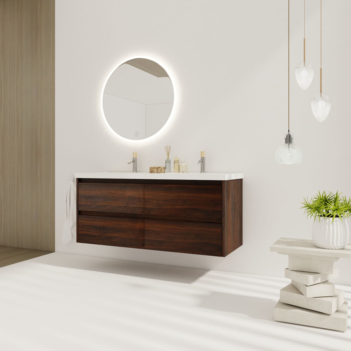 Modern Bathroom Vanity With Dual Resin Sink, Soft Close Drawers - California Walnut